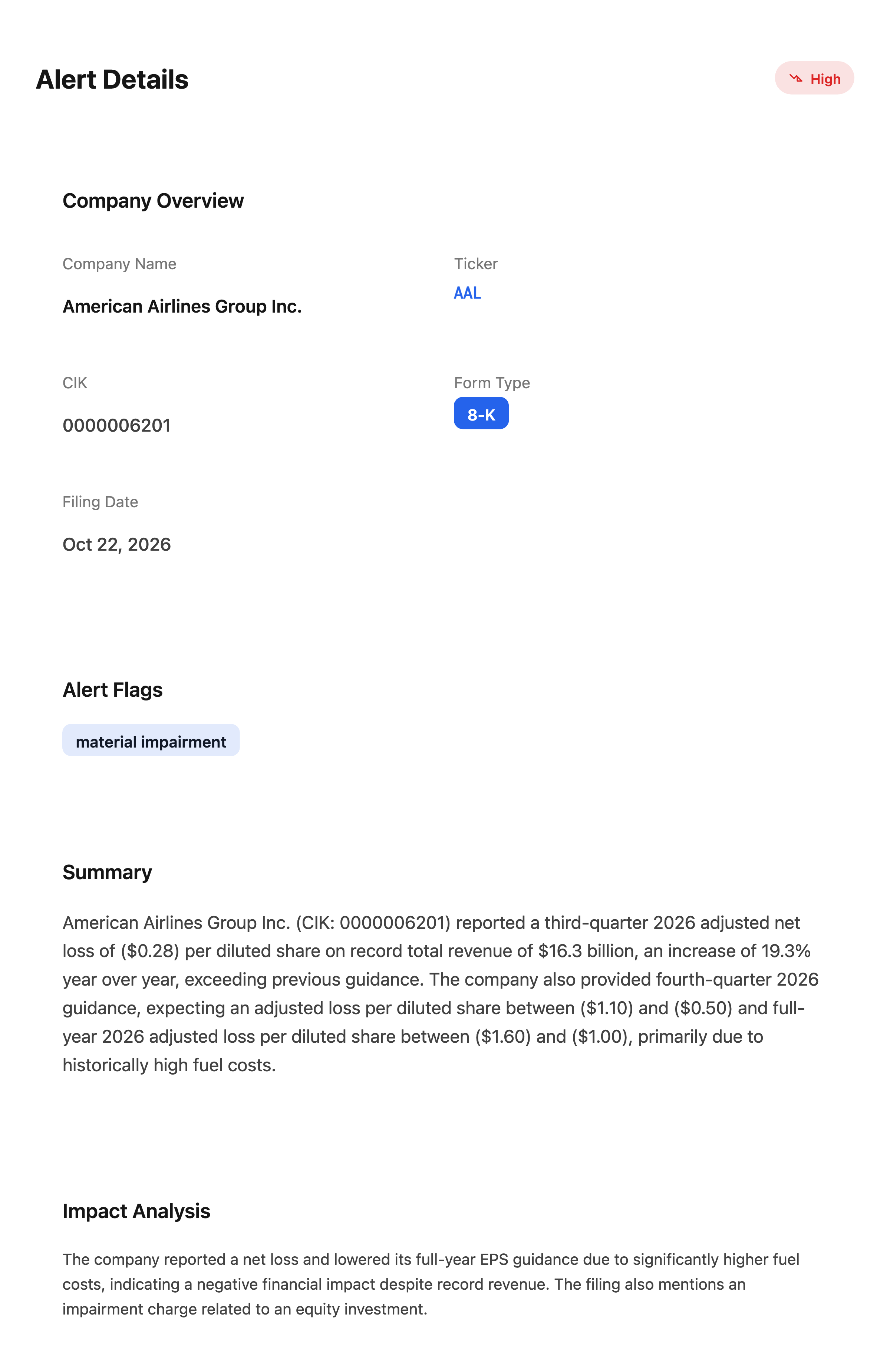 NexusAlert Alert Details modal for American Airlines Group Inc 8-K filed October 22, 2026, showing High severity, the material impairment flag, and the AI generated Summary of record third quarter revenue of 16.3 billion dollars, an adjusted loss of 0.28 dollars per share and fourth quarter and full-year loss guidance, plus the Impact Analysis