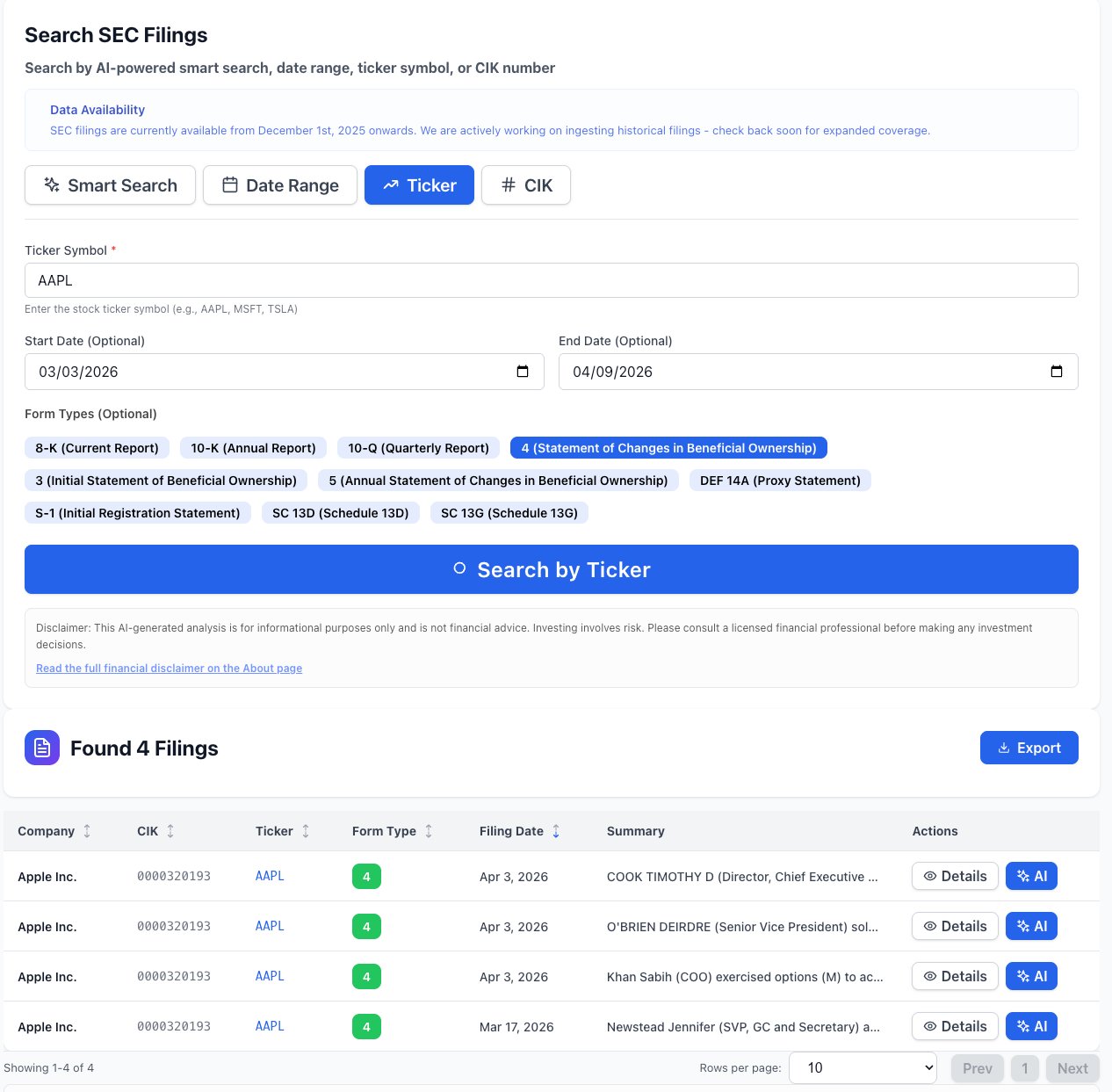 NexusAlert search results showing 4 Apple AAPL Form 4 insider filings since March 2026, including Tim Cook and Deirdre O'Brien