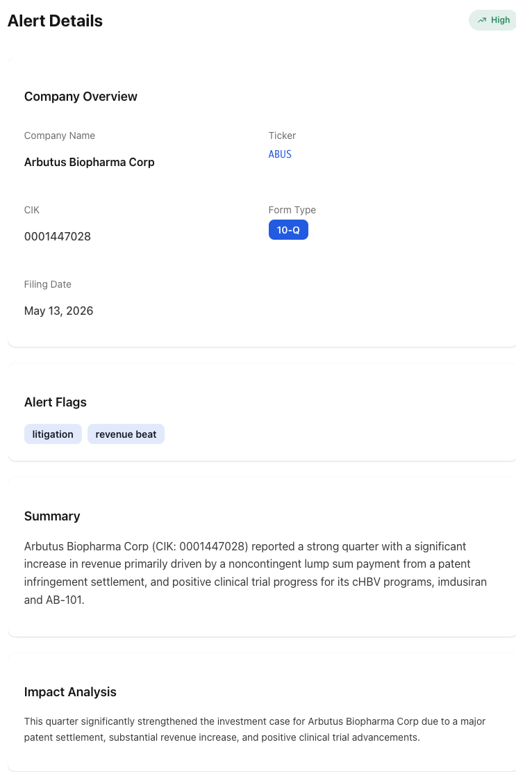 NexusAlert alert details for the Arbutus 10-Q on May 13, 2026, showing High severity, litigation and revenue beat flags, and an AI-generated summary calling out the noncontingent settlement payment and clinical trial progress on imdusiran and AB-101.