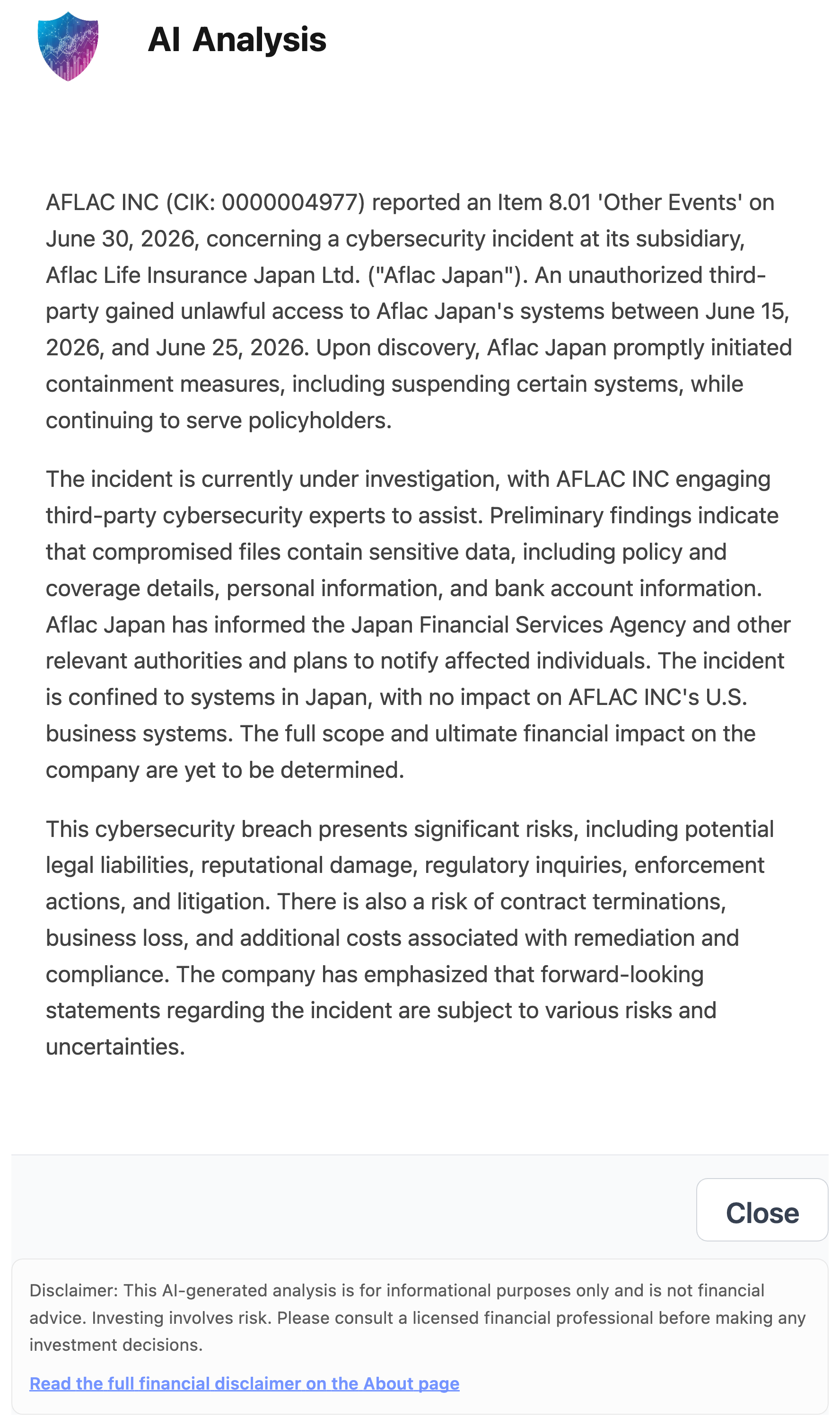 NexusAlert AI Analysis of the Aflac 8-K summarizing the Aflac Japan cybersecurity incident, the June 15 to 25 access window, the containment steps, and the risk assessment.