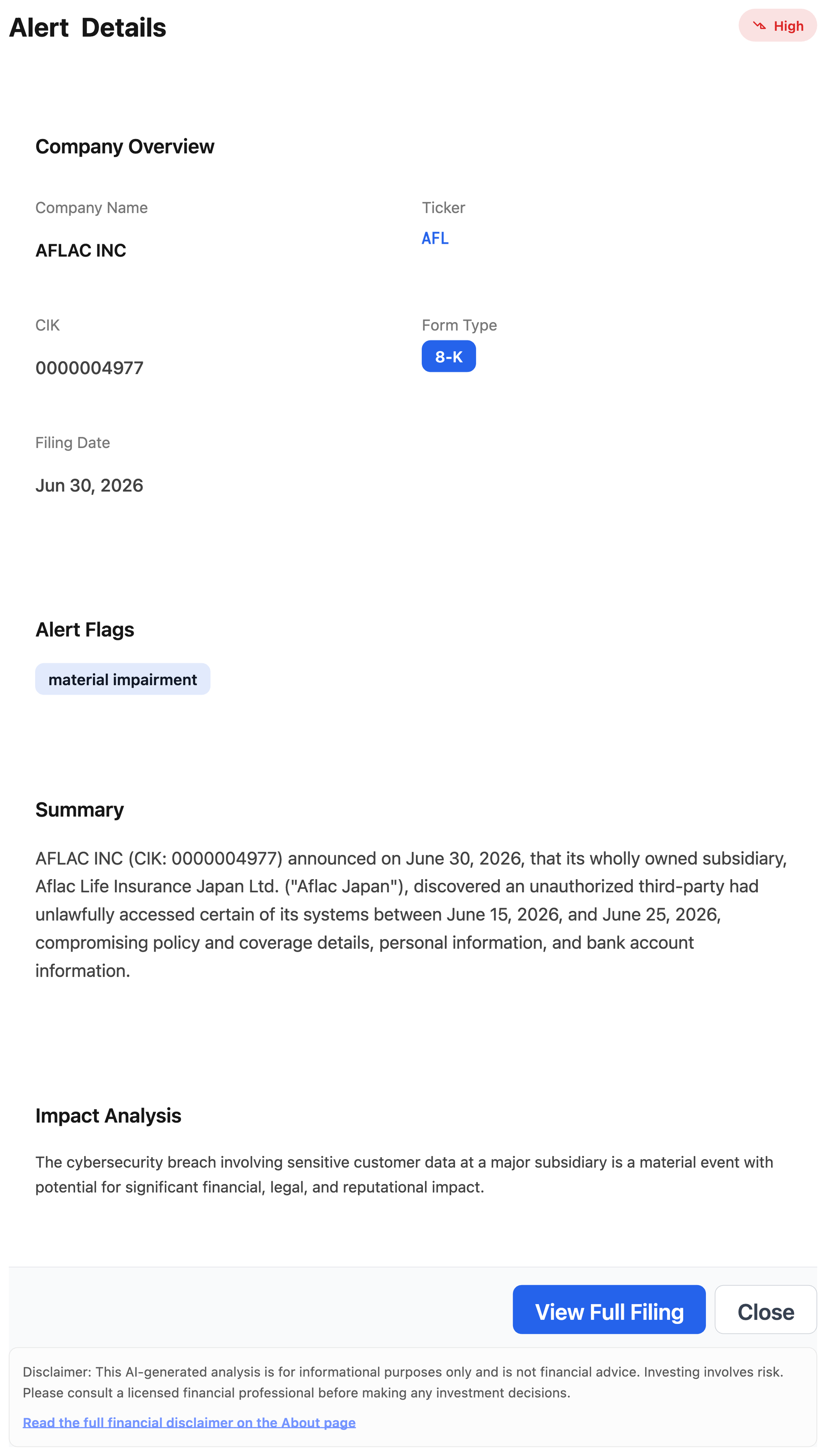NexusAlert Alert Details panel for the Aflac 8-K showing ticker AFL, form 8-K, a June 30 2026 filing date, and the AI summary of the Aflac Japan data breach.