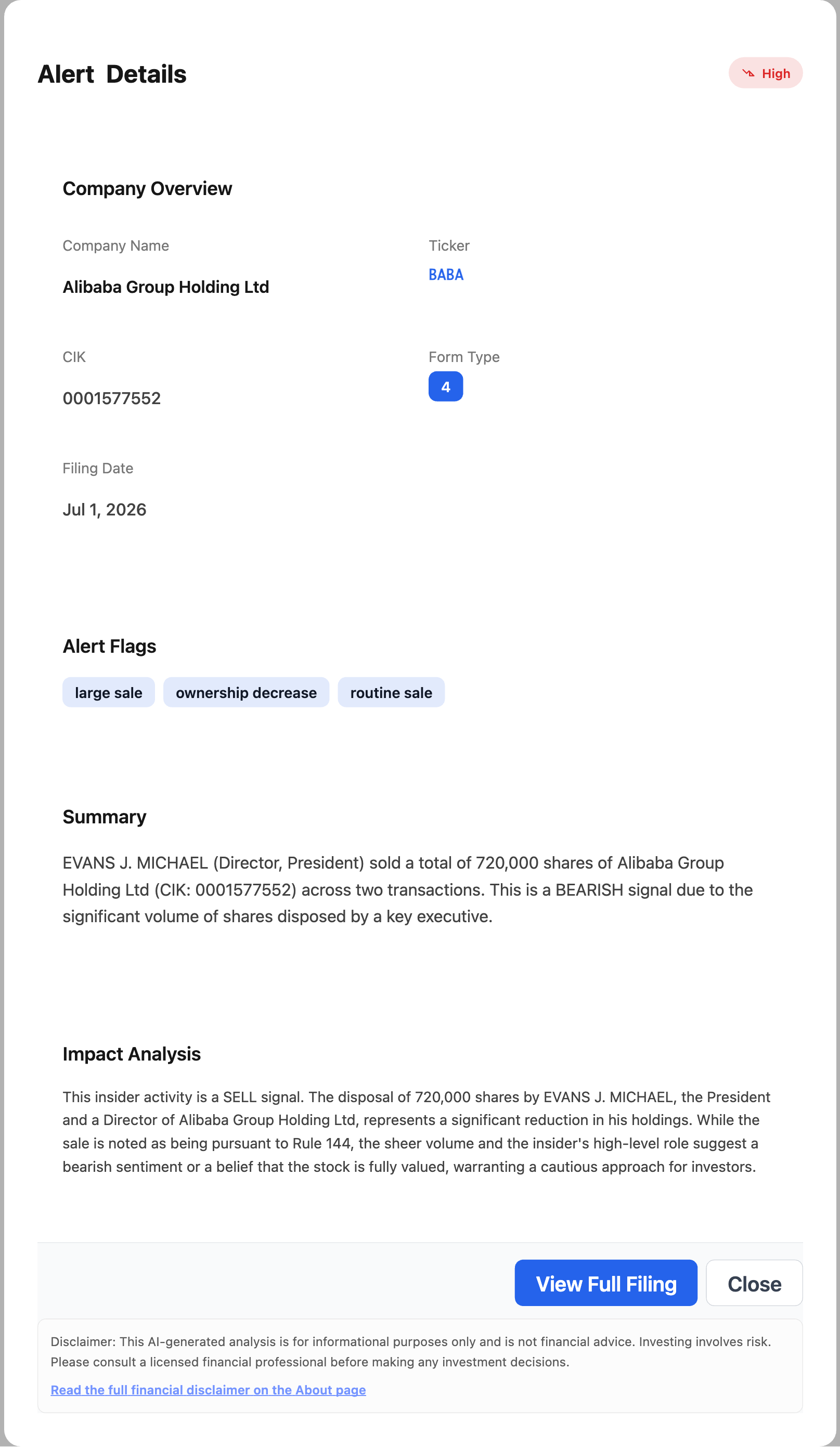 NexusAlert Alert Details modal showing Alibaba Group Holding Ltd, ticker BABA, CIK 0001577552, Form 4 filed July 1 2026, flags large sale, ownership decrease and routine sale, with an AI summary and impact analysis of the 720,000 share disposal by J. Michael Evans.