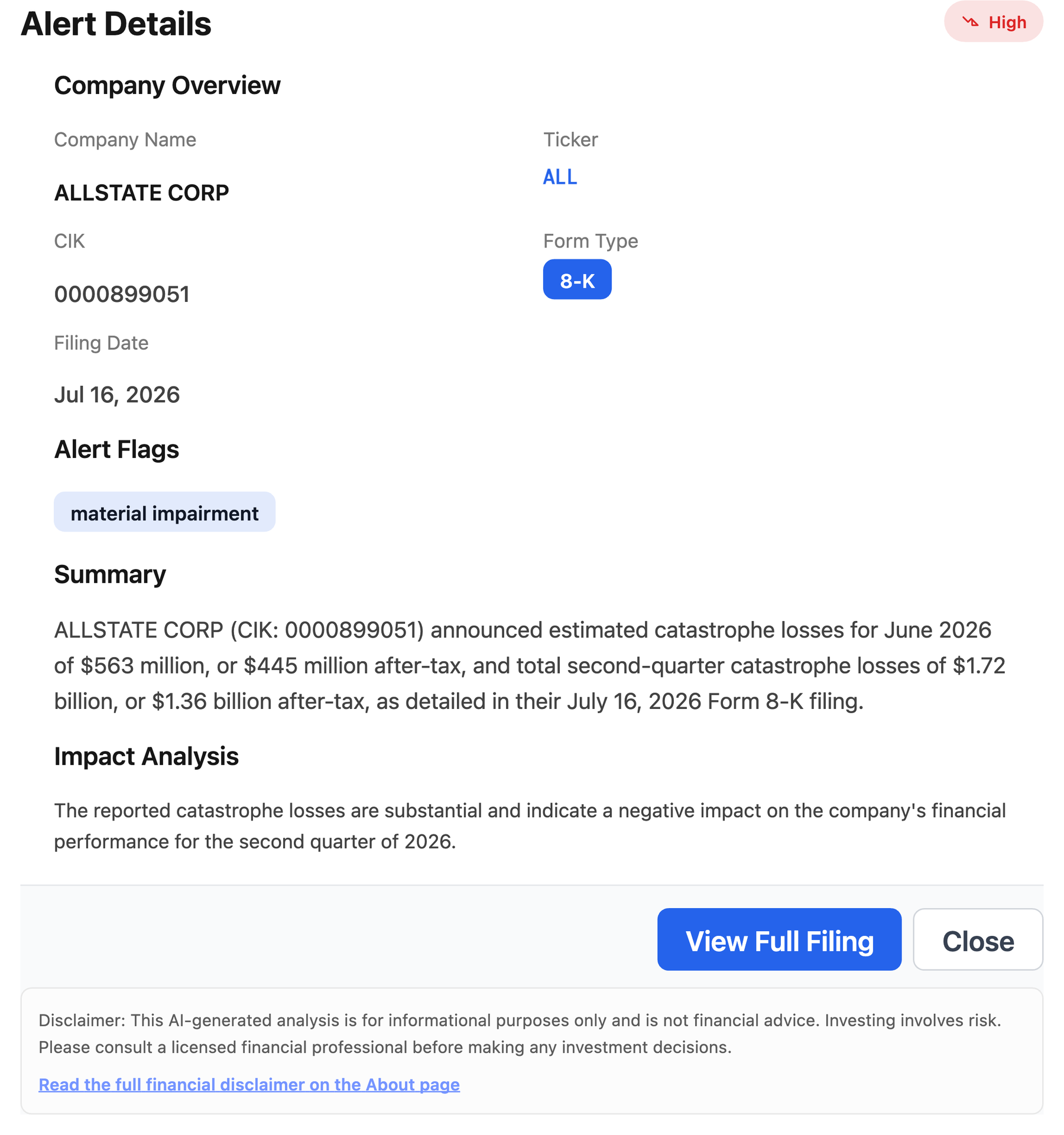 NexusAlert Alert Details for Allstate Corp showing ticker ALL, CIK 0000899051, Form Type 8-K, filing date July 16 2026, a material impairment flag, and an AI summary reporting $563 million of June catastrophe losses and $1.72 billion for the second quarter.