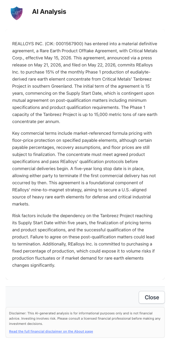 NexusAlert AI Analysis for the REalloys 8-K describing the material definitive agreement with Critical Metals Corp., effective May 15, 2026, announced via press release on May 21, 2026, and filed on May 22, 2026. REalloys commits to purchase 15% of the monthly Phase 1 production of eudialyte-derived rare earth element concentrate from Critical Metals' Tanbreez Project in southern Greenland. Initial term of 15 years commencing on the Supply Start Date, which is contingent upon mutual agreement on post-qualification matters including minimum specifications and product qualification requirements. Phase 1 capacity of the Tanbreez Project is up to 15,000 metric tons of rare earth concentrate per annum. Key commercial terms include market-referenced formula pricing with floor-price protection on specified payable elements, although certain payable percentages, recovery assumptions, and floor prices are still subject to finalization. The concentrate must meet agreed product specifications and pass REalloys' qualification protocols before commercial deliveries begin. A five-year long stop date is in place, allowing either party to terminate if the first commercial delivery has not occurred by then. The agreement is described as a foundational component of REalloys' mine-to-magnet strategy, aiming to secure a U.S.-aligned source of heavy rare earth elements for defense and critical industrial markets. Risk factors include the dependency on the Tanbreez Project reaching its Supply Start Date within five years, the finalization of pricing terms and product specifications, and the successful qualification of the product. Failure to agree on these post-qualification matters could lead to termination. Additionally, REalloys Inc. is committed to purchasing a fixed percentage of production, which could expose it to volume risks if production fluctuates or if market demand for rare earth elements changes significantly.