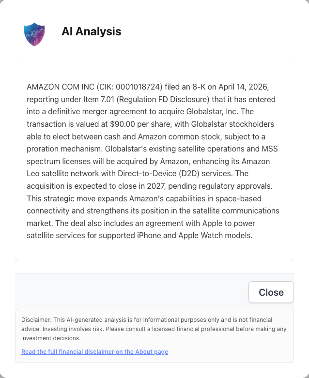 NexusAlert AI-generated analysis of Amazon's April 14, 2026 8-K disclosing the $11.57B Globalstar acquisition under Item 7.01 Regulation FD Disclosure