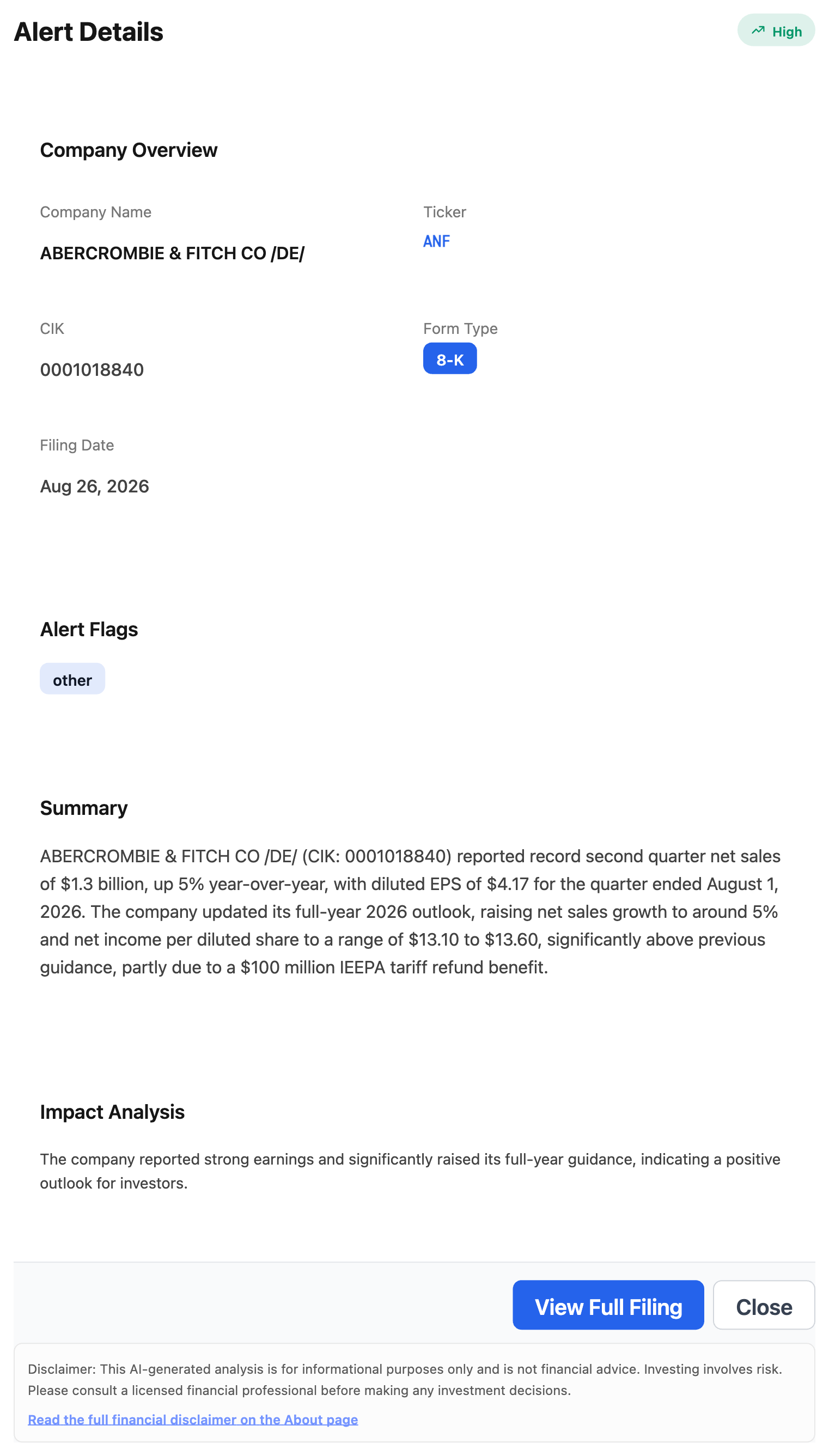 NexusAlert Alert Details for the Abercrombie and Fitch 8-K filed August 26, 2026, showing ticker ANF, CIK 0001018840, form type 8-K, High severity, and an AI summary reporting record Q2 net sales of 1.3 billion dollars up 5 percent, diluted EPS of 4.17 dollars, raised full-year guidance of 13.10 to 13.60 dollars, and a 100 million dollar IEEPA tariff refund benefit.