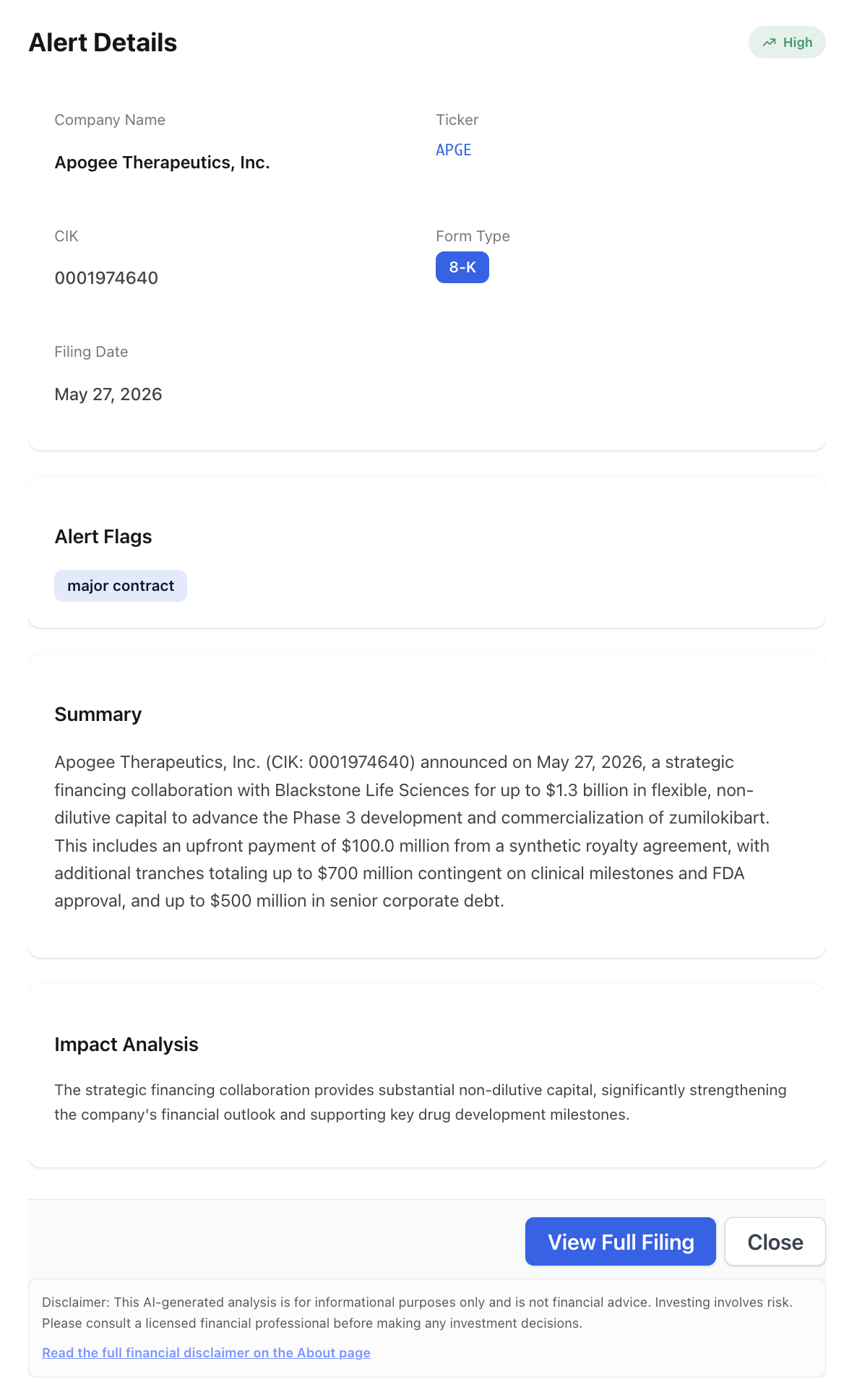 NexusAlert Alert Details page for Apogee Therapeutics, Inc. (ticker APGE, CIK 0001974640) showing a High-severity 8-K filed May 27, 2026 with a single flag: major contract. The summary states that Apogee announced on May 27, 2026 a strategic financing collaboration with Blackstone Life Sciences for up to $1.3 billion in flexible, non-dilutive capital to advance the Phase 3 development and commercialization of zumilokibart, including an upfront payment of $100.0 million from a synthetic royalty agreement, additional tranches totaling up to $700 million contingent on clinical milestones and FDA approval, and up to $500 million in senior corporate debt. The Impact Analysis frames it as substantial non-dilutive capital that significantly strengthens the company's financial outlook and supports key drug development milestones.