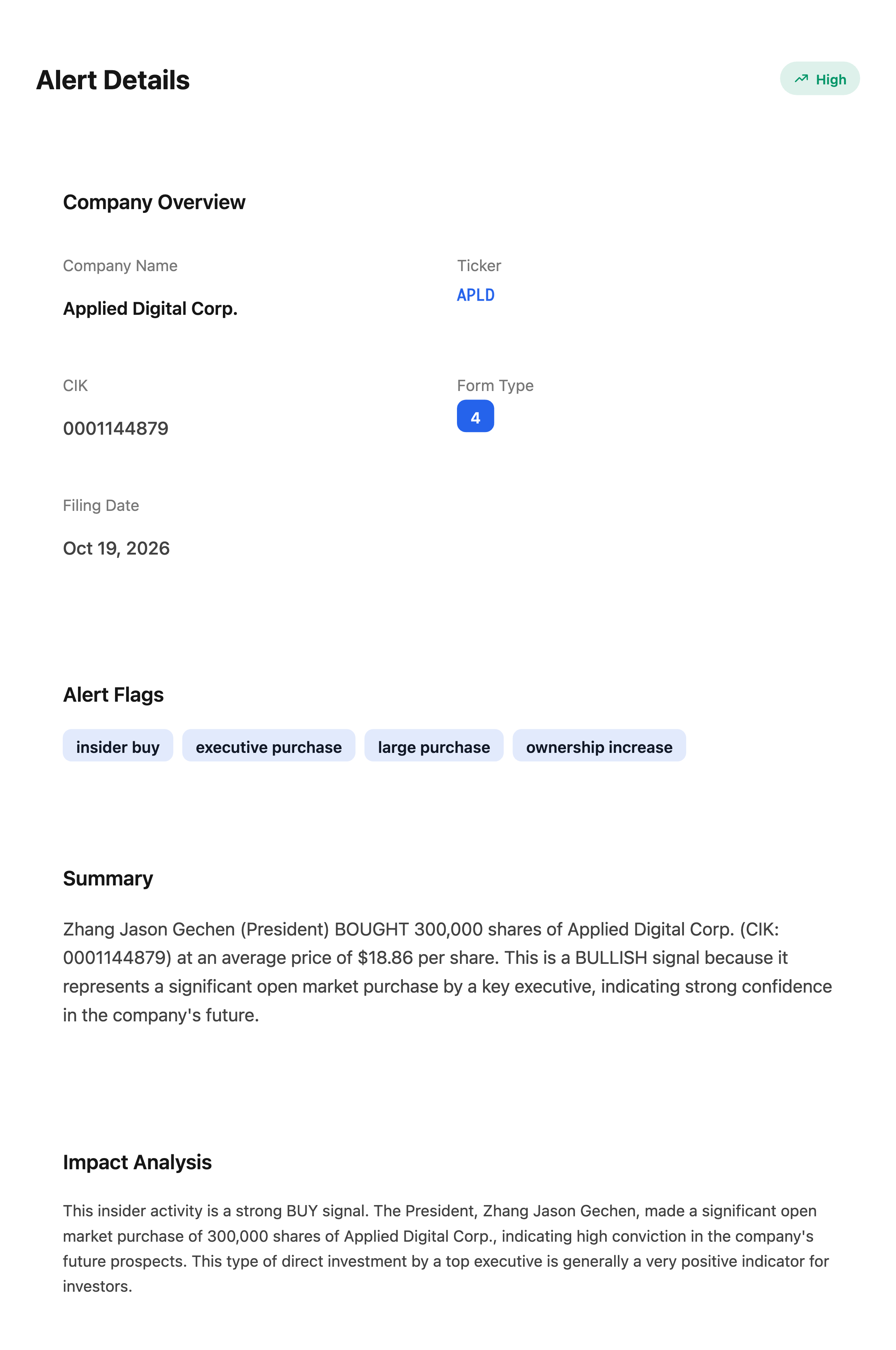 NexusAlert Alert Details modal for Applied Digital Form 4 showing High severity, the insider buy, executive purchase, large purchase and ownership increase flags, and the AI generated Summary and Impact Analysis of President Jason Zhang's 300,000 share purchase at $18.86