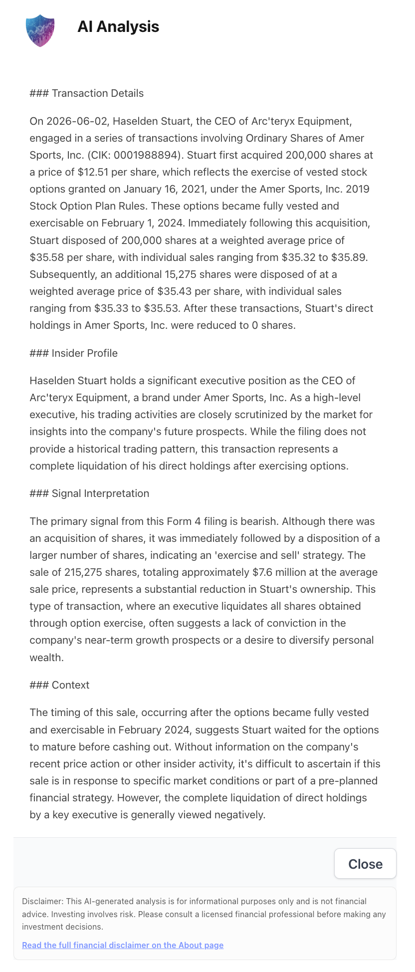 NexusAlert AI Analysis panel for the Amer Sports Form 4 describing Stuart Haselden, CEO of Arc'teryx Equipment, acquiring 200,000 shares at $12.51 per share via option exercise, then disposing of 200,000 shares at a weighted-average $35.58 (range $35.32 to $35.89) and a further 15,275 shares at a weighted-average $35.43 (range $35.33 to $35.53), reducing his direct holdings to zero. The panel labels the primary signal bearish, an exercise-and-sell totaling about $7.6 million.