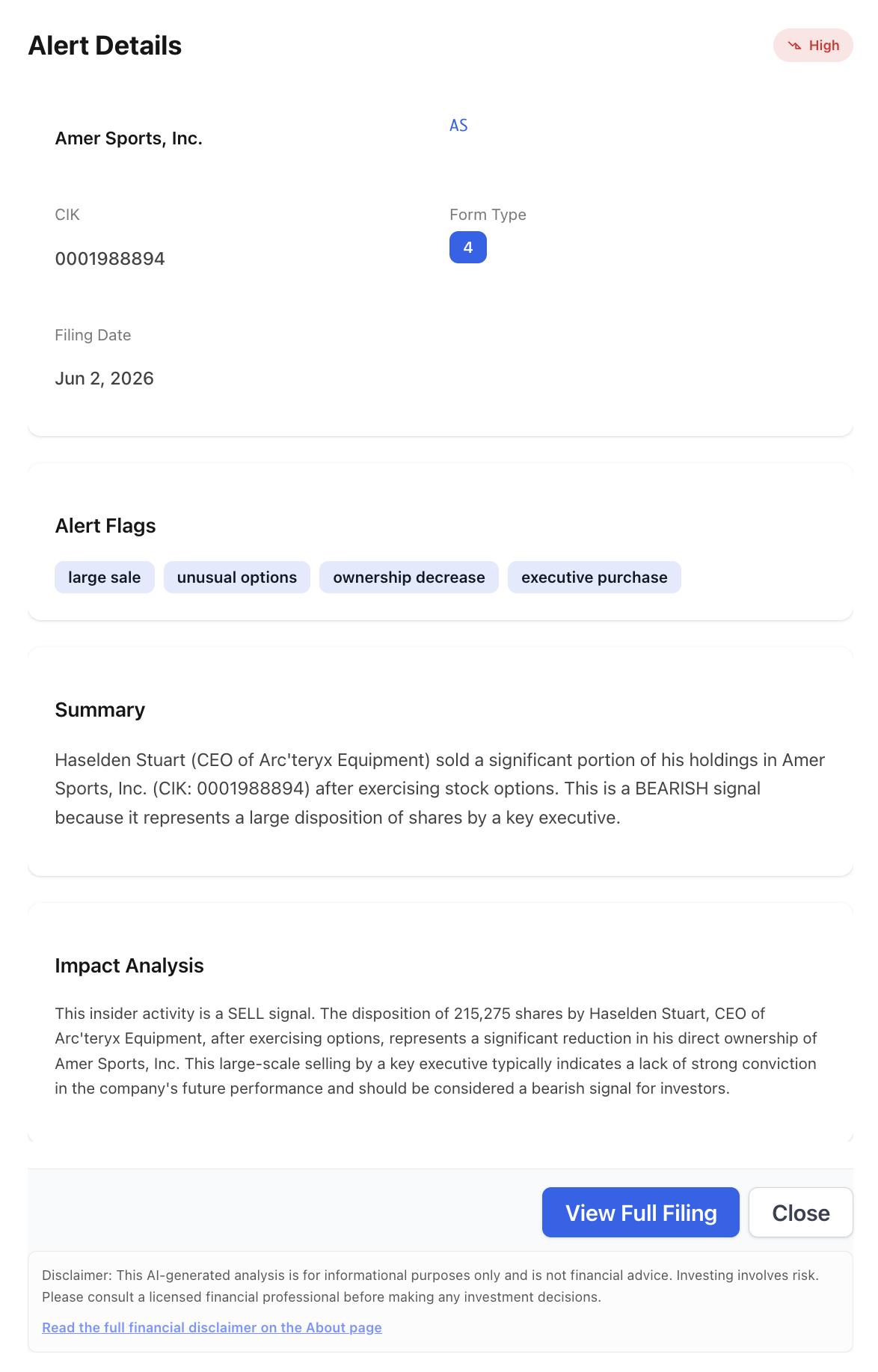 NexusAlert Alert Details page for Amer Sports, Inc. (AS), a High-severity Form 4 filed June 2, 2026, CIK 0001988894. Alert flags read large sale, unusual options, ownership decrease, and executive purchase. The summary states Stuart Haselden, CEO of Arc'teryx Equipment, sold a significant portion of his holdings after exercising stock options, a bearish signal representing a large disposition by a key executive, with an Impact Analysis noting the sale of 215,275 shares.