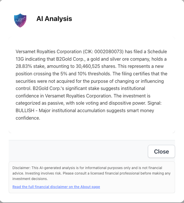 NexusAlert AI Analysis modal for the B2Gold / Versamet Royalties SC 13G filing, classifying the position as passive with sole voting and dispositive power, and labeling the signal as bullish based on major institutional accumulation
