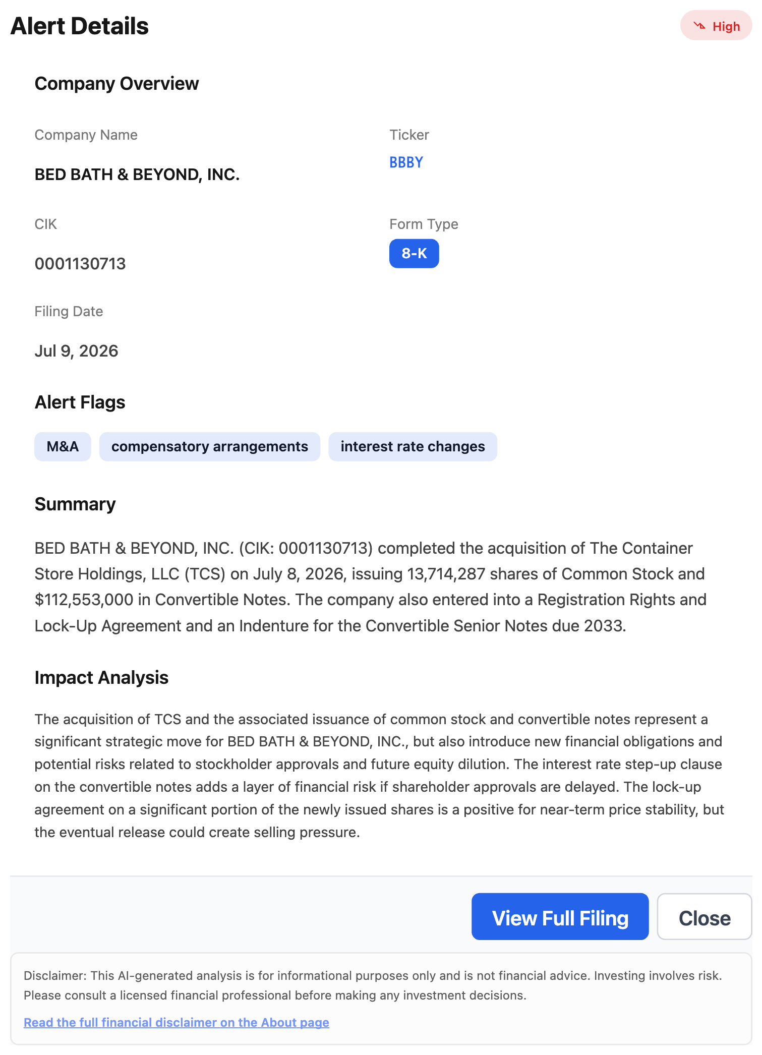 NexusAlert Alert Details for Bed Bath & Beyond 8-K: ticker BBBY, CIK 0001130713, Form 8-K, filed July 9 2026, flags M&A, compensatory arrangements, and interest rate changes, with AI Summary and Impact Analysis of the Container Store acquisition.