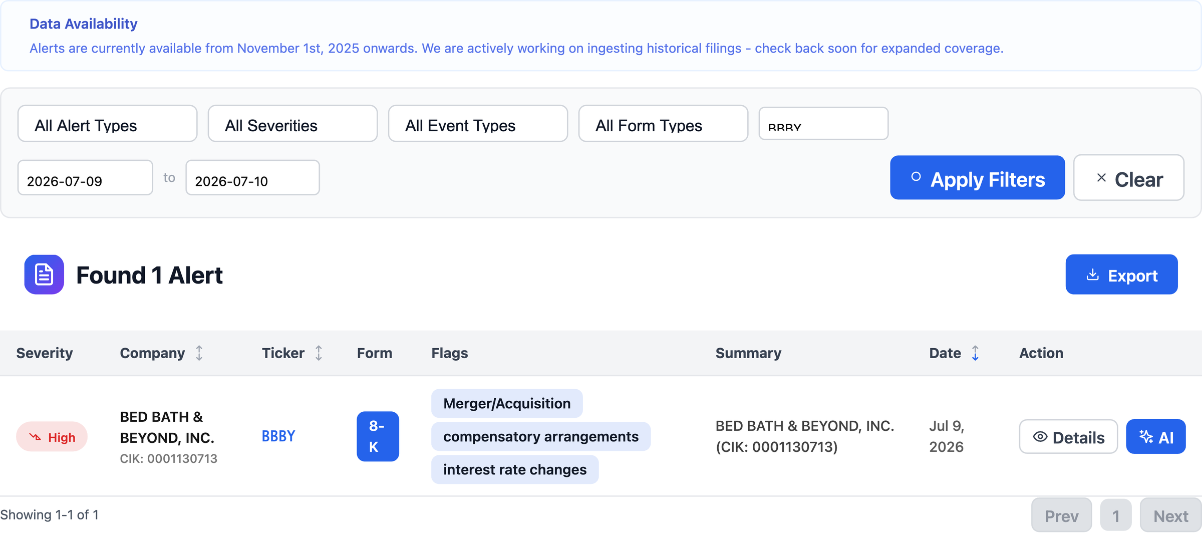 NexusAlert alerts table filtered to BBBY showing one High severity 8-K for Bed Bath & Beyond dated July 9 2026 with Merger/Acquisition, compensatory arrangements, and interest rate changes flags.