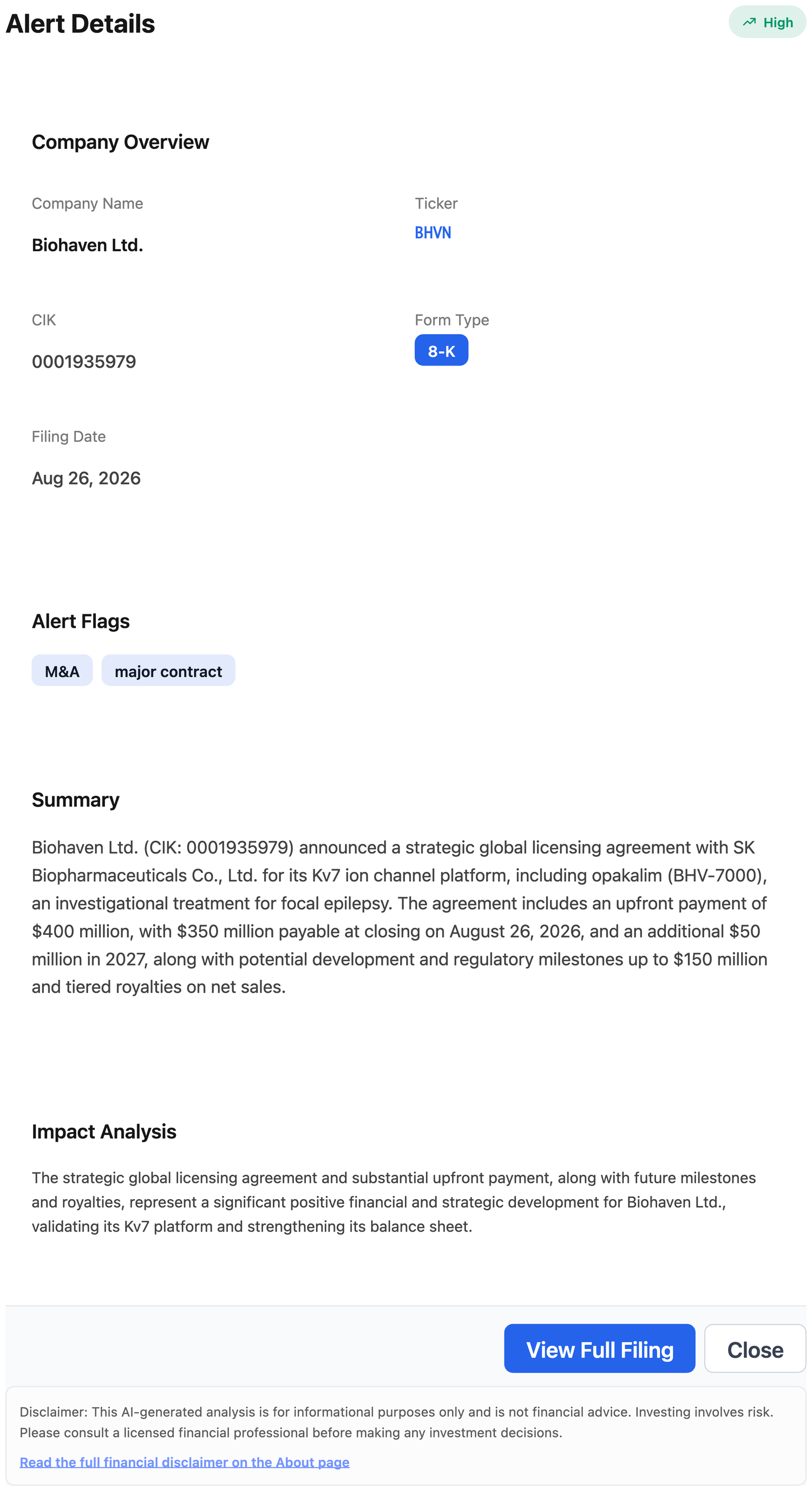 NexusAlert Alert Details for the Biohaven 8-K showing ticker BHVN, CIK 0001935979, Form Type 8-K, Filing Date Aug 26 2026, M&A and major contract flags, and an AI Summary describing the SK Biopharmaceuticals global licensing deal for the Kv7 platform and opakalim, with a $400 million upfront payment, $350 million at closing and $50 million in 2027, up to $150 million in milestones and tiered royalties.