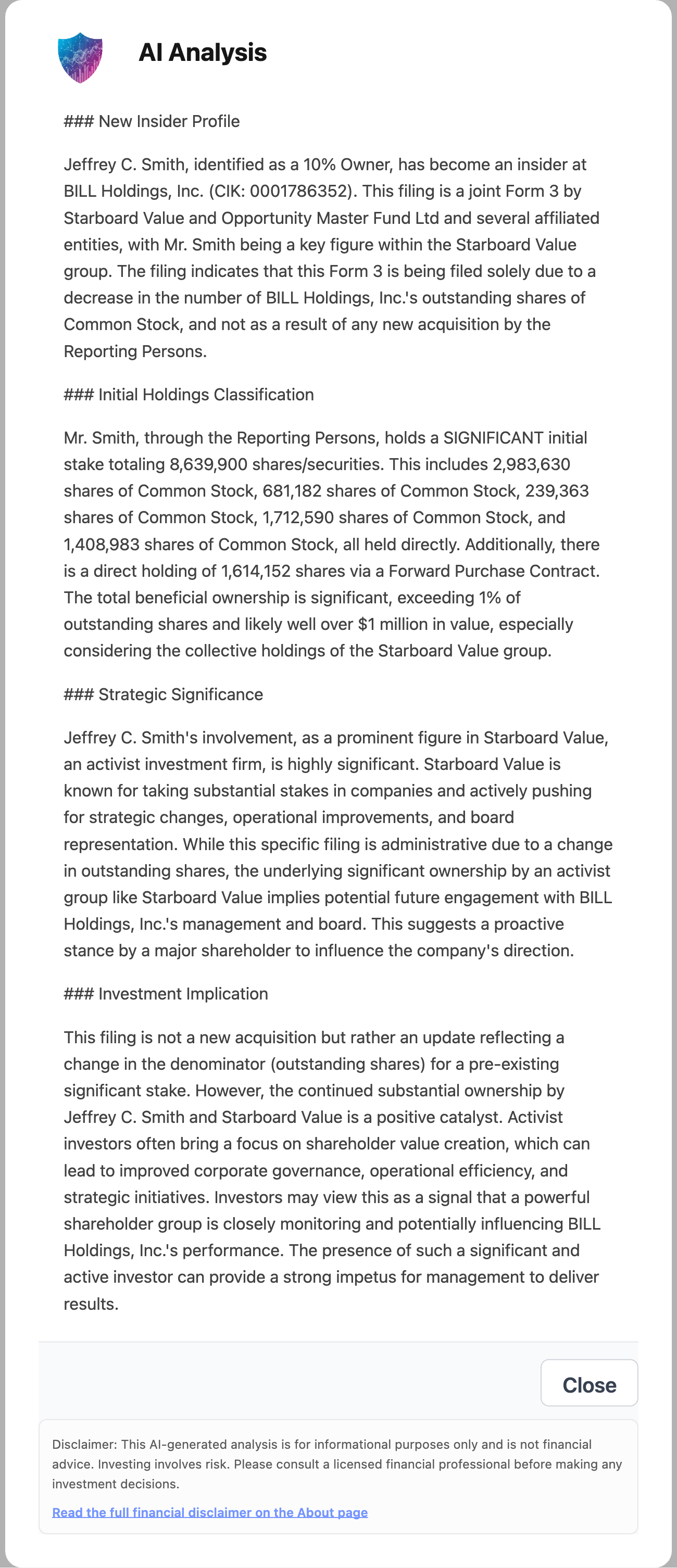 NexusAlert AI Analysis for the BILL Holdings Form 3 stating the filing is being filed solely due to a decrease in outstanding shares and not as a result of any new acquisition by Starboard Value or Jeffrey C. Smith.