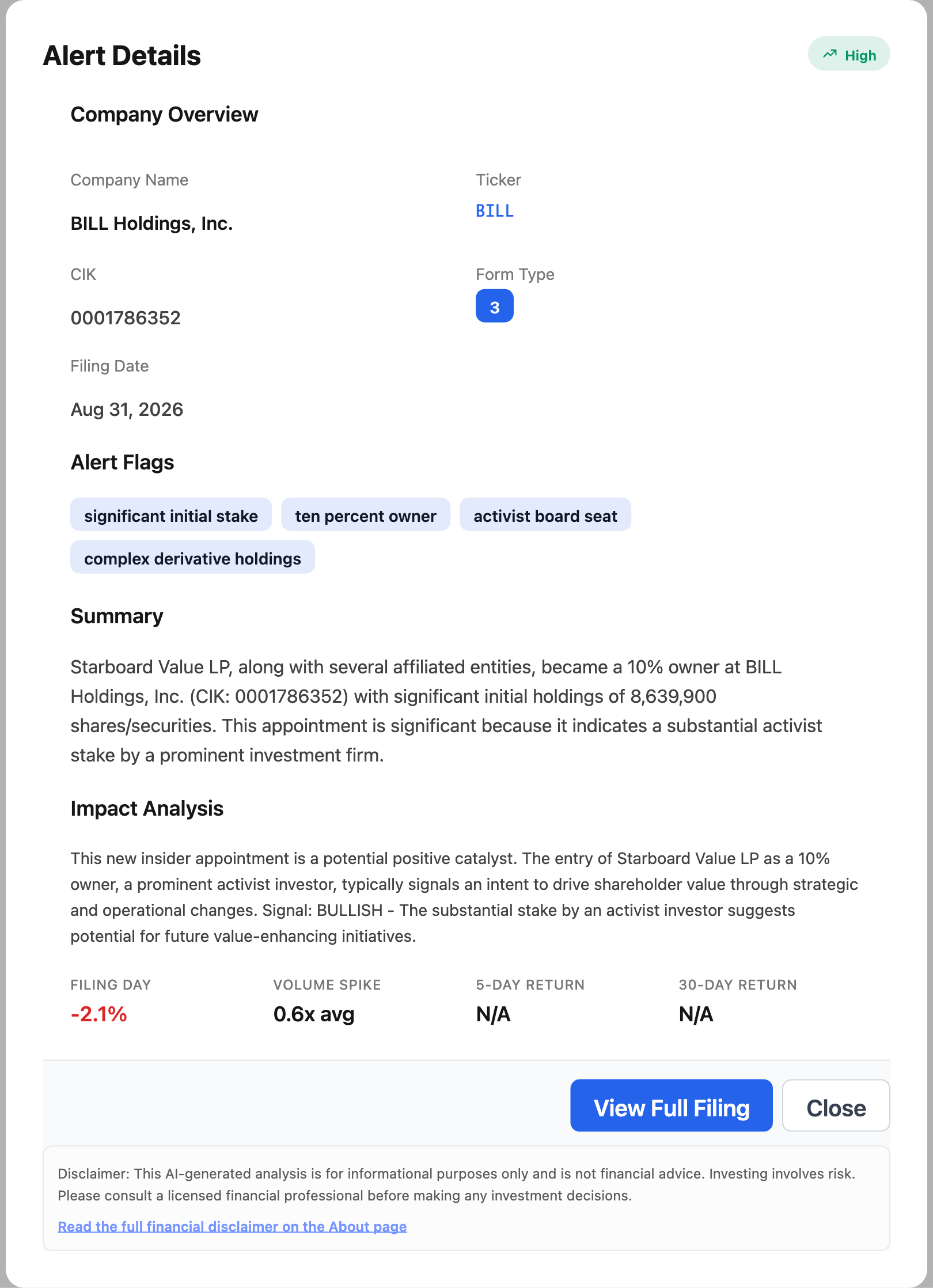 NexusAlert Alert Details for the BILL Holdings Form 3 showing ticker BILL, CIK 0001786352, filed August 31 2026, High severity, flags for significant initial stake, ten percent owner, activist board seat, and complex derivative holdings, with the AI Summary describing Starboard Value LP becoming a 10 percent owner with 8,639,900 shares.