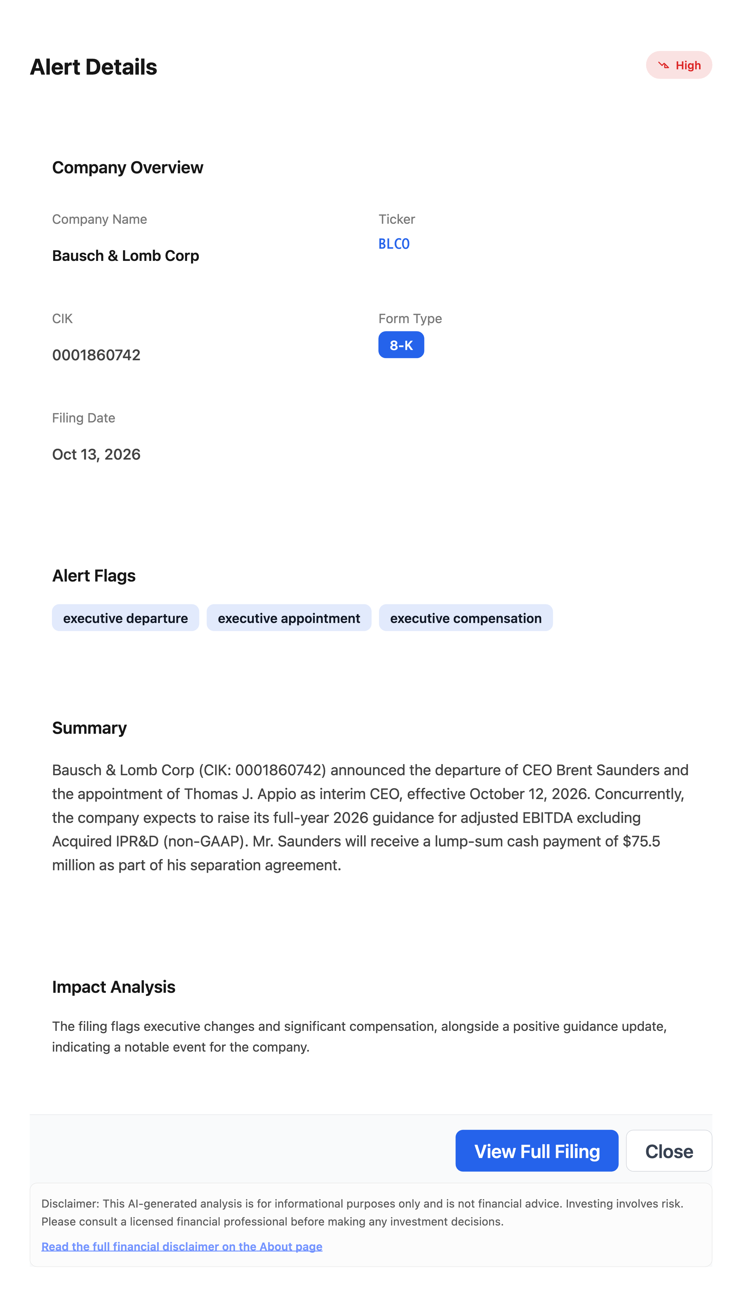 NexusAlert Alert Details for Bausch & Lomb (BLCO) showing the 8-K flagged High severity, with flags for executive departure, executive appointment and executive compensation, and an AI summary of the $75.5 million separation payment.