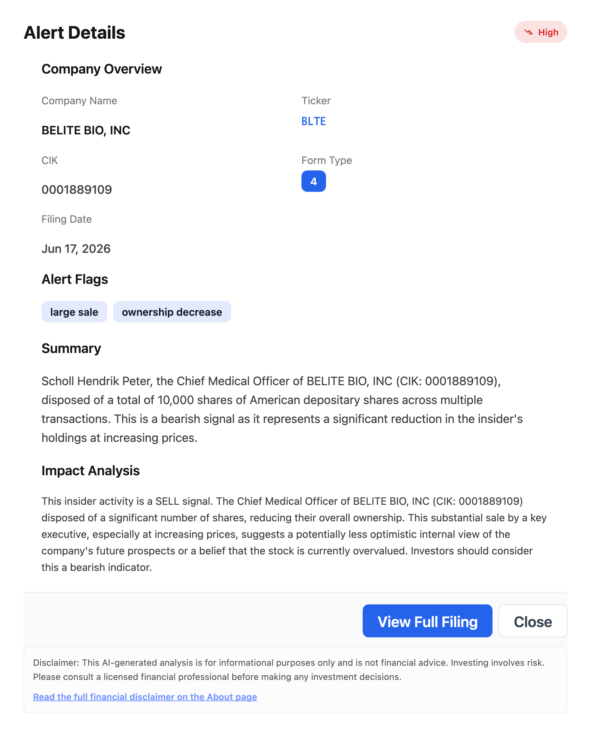 NexusAlert Alert Details for Belite Bio Form 4 showing CMO Hendrik Scholl disposed of 10,000 ADS, flagged large sale and ownership decrease, High severity, filed June 17 2026.