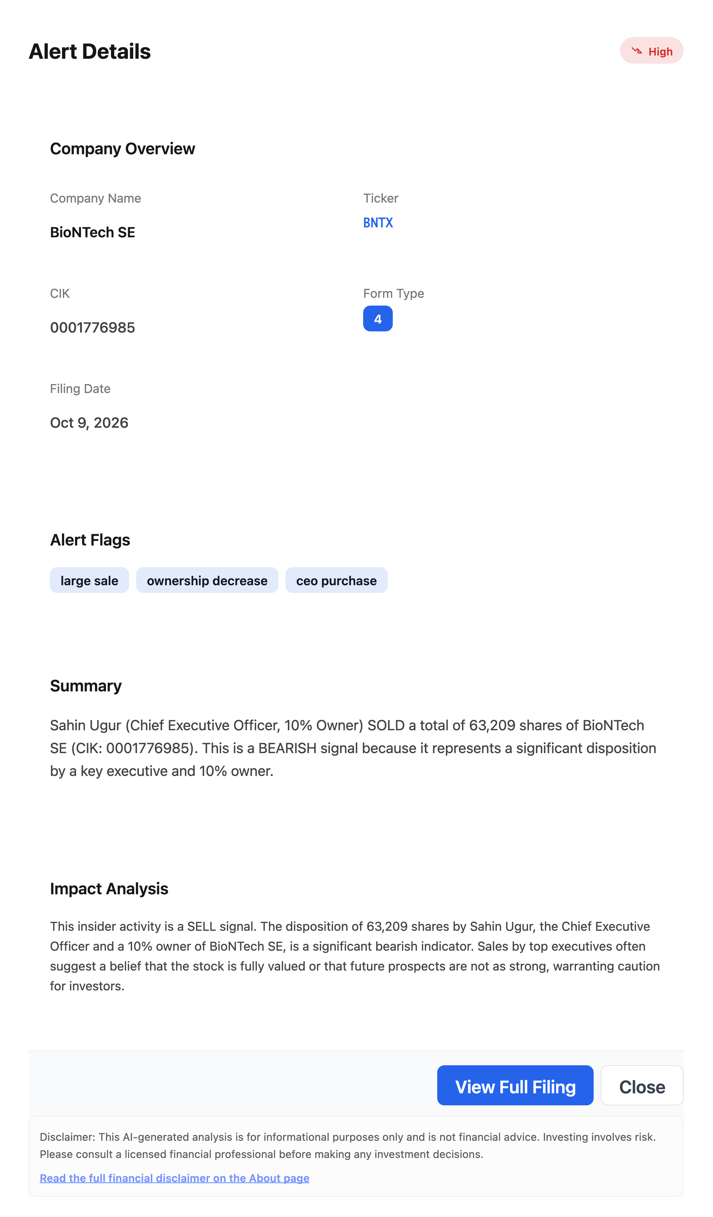 NexusAlert Alert Details card for BioNTech SE showing a High severity Form 4 filed October 9, 2026, with flags for large sale, ownership decrease and CEO purchase, plus the summary and impact analysis of the 63,209 share disposition by Sahin Ugur.