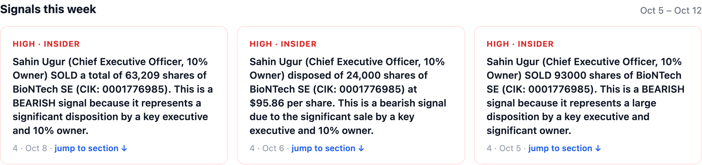 NexusAlert Company Dossier for BioNTech showing the Signals this week panel with three High severity insider alerts on CEO Sahin Ugur covering 93,000 shares, 24,000 shares at $95.86, and a 63,209 share total.