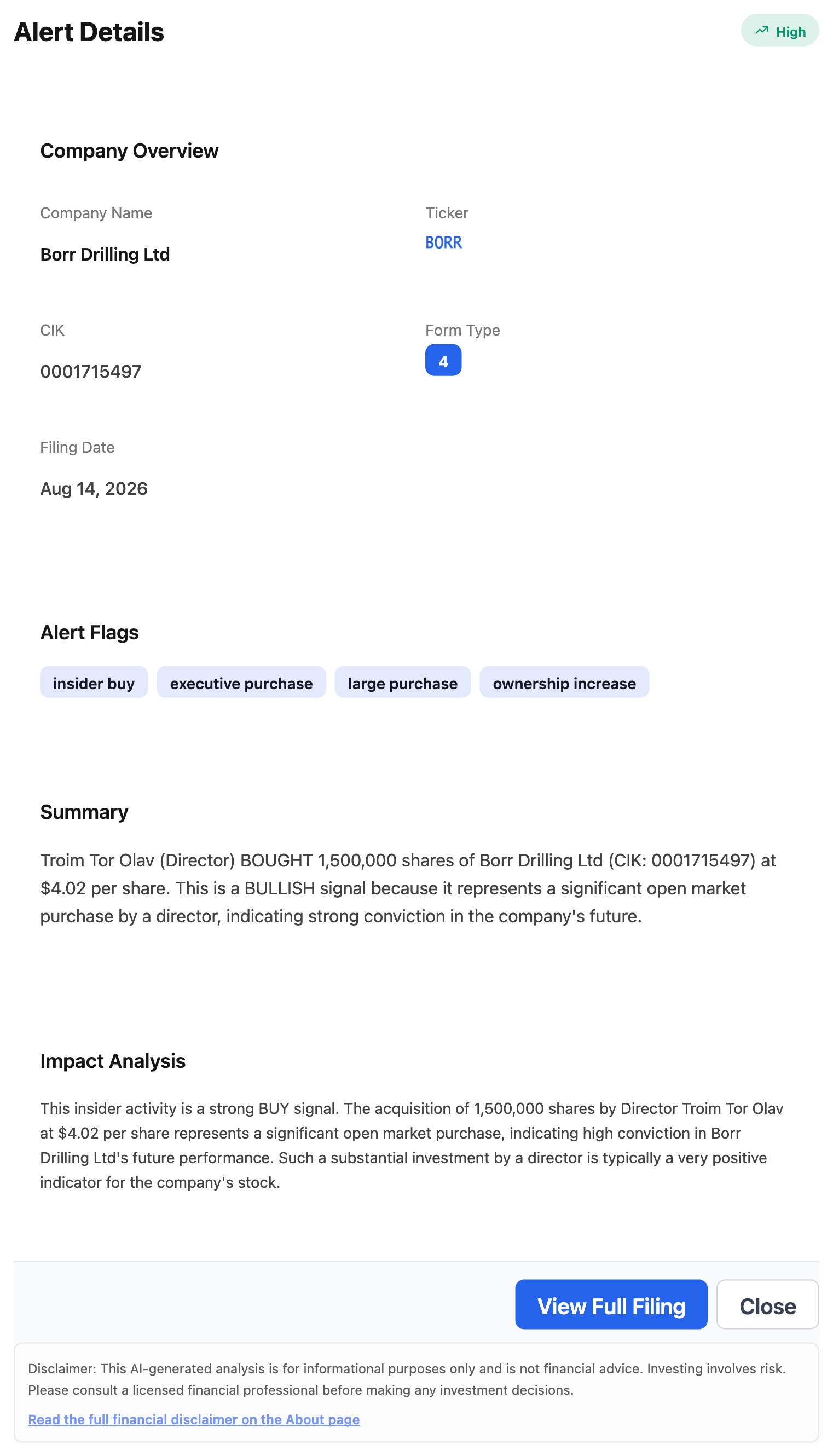 NexusAlert Alert Details for Borr Drilling showing founder Tor Olav Troim bought 1,500,000 shares at $4.02, tagged as a bullish open market purchase with insider buy and large purchase flags.