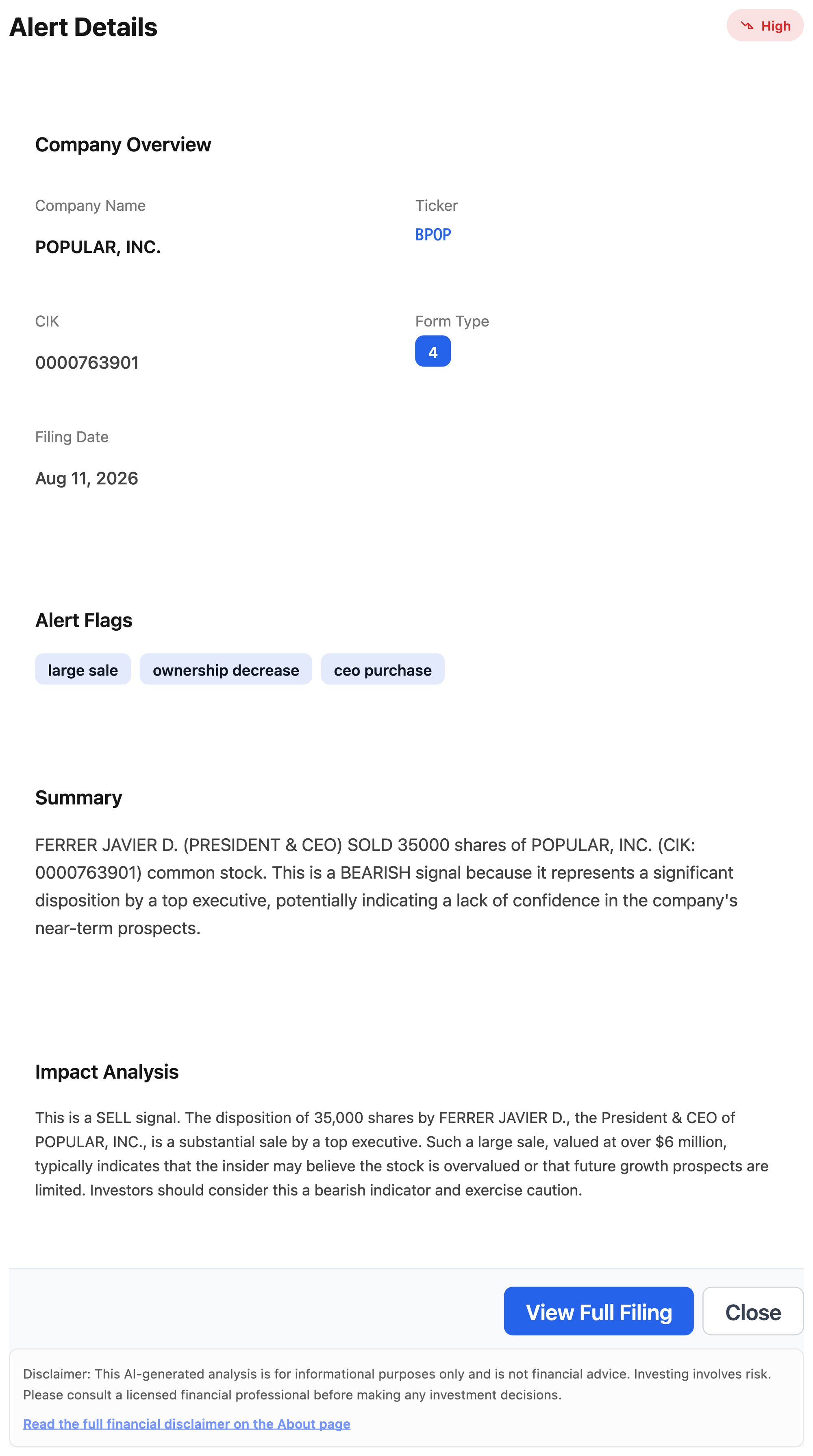 NexusAlert Alert Details modal for the Popular Inc Form 4 showing CEO Javier Ferrer sold 35,000 shares, filed Aug 11 2026, flagged High severity as a bearish signal.