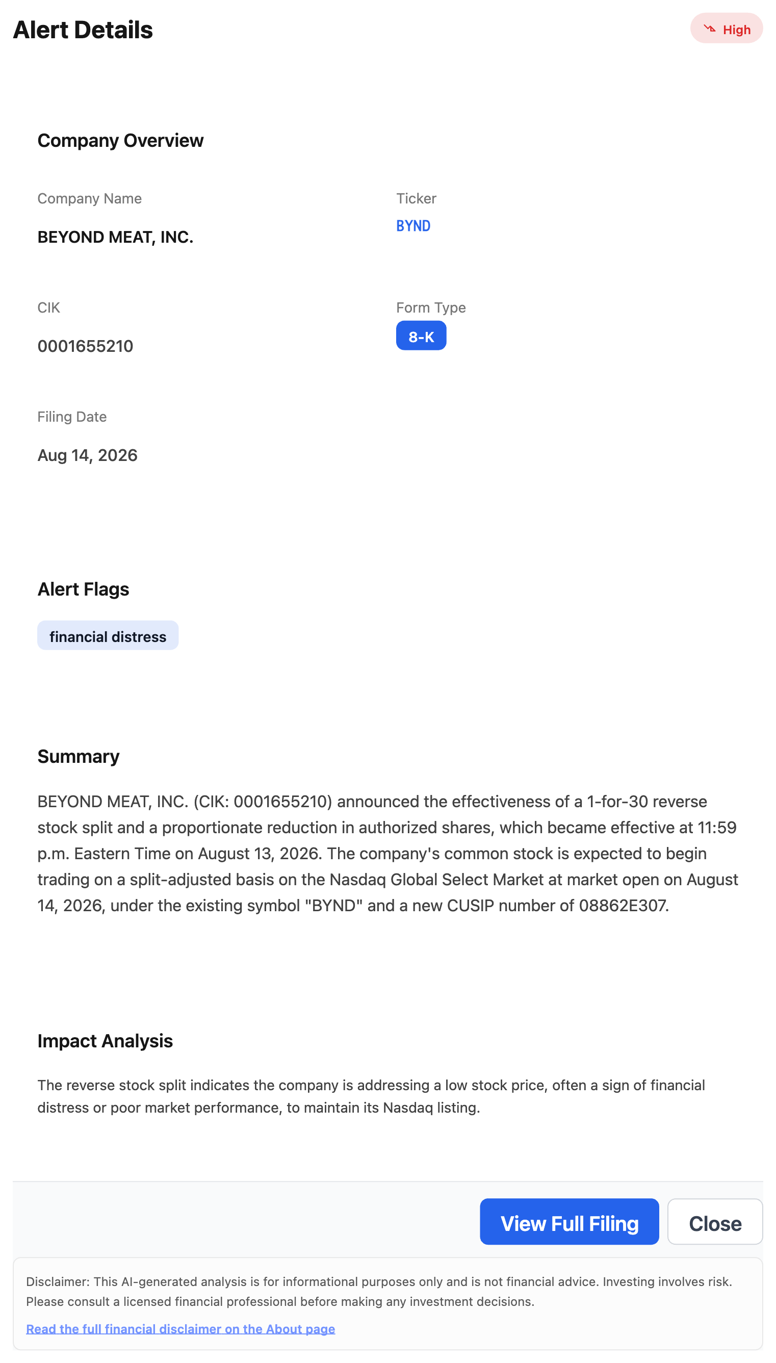 NexusAlert Alert Details for Beyond Meat 8-K, tagged financial distress and High severity, showing the 1-for-30 reverse split summary and impact analysis.