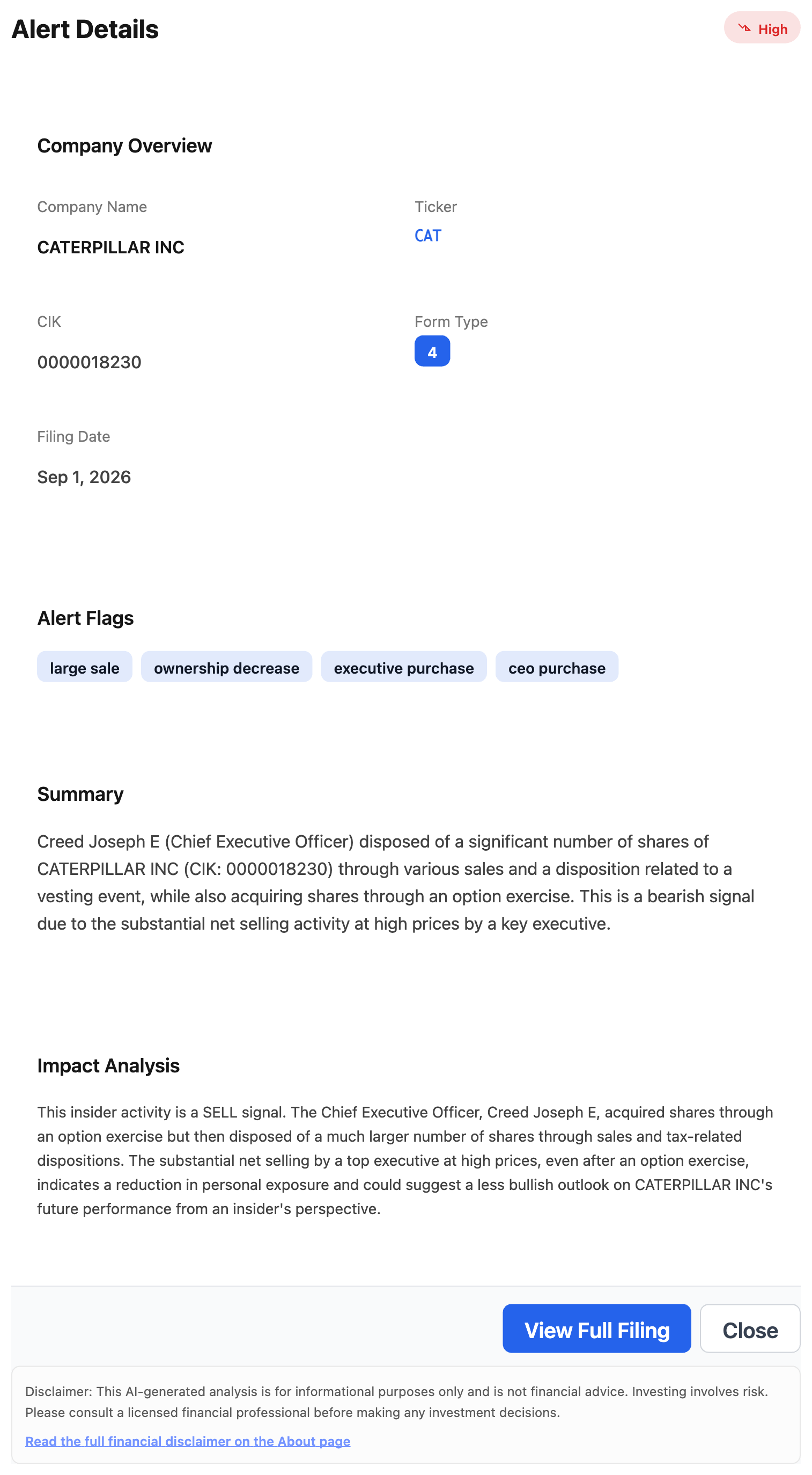 NexusAlert Alert Details modal showing the Caterpillar Inc Form 4 alert for CEO Joseph Creed's stock option exercise and sale, with High severity, alert flags, AI summary, and impact analysis.