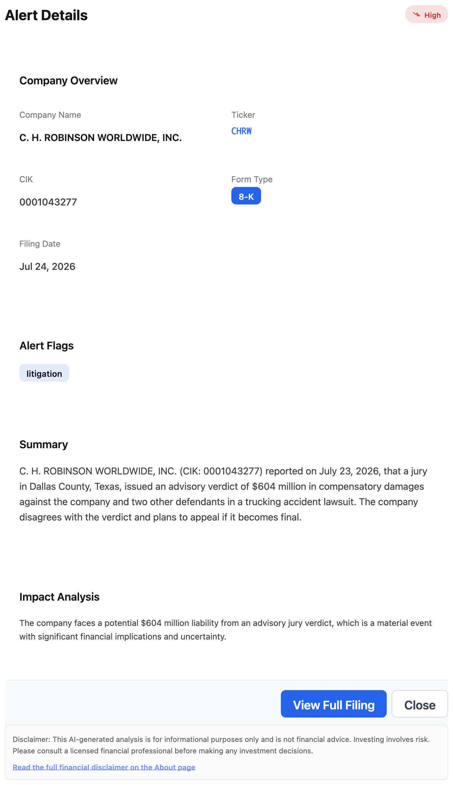 NexusAlert Alert Details modal for C.H. Robinson showing the 8-K filed July 24, 2026, flagged litigation, with an AI summary of the $604 million advisory jury verdict and an impact analysis.