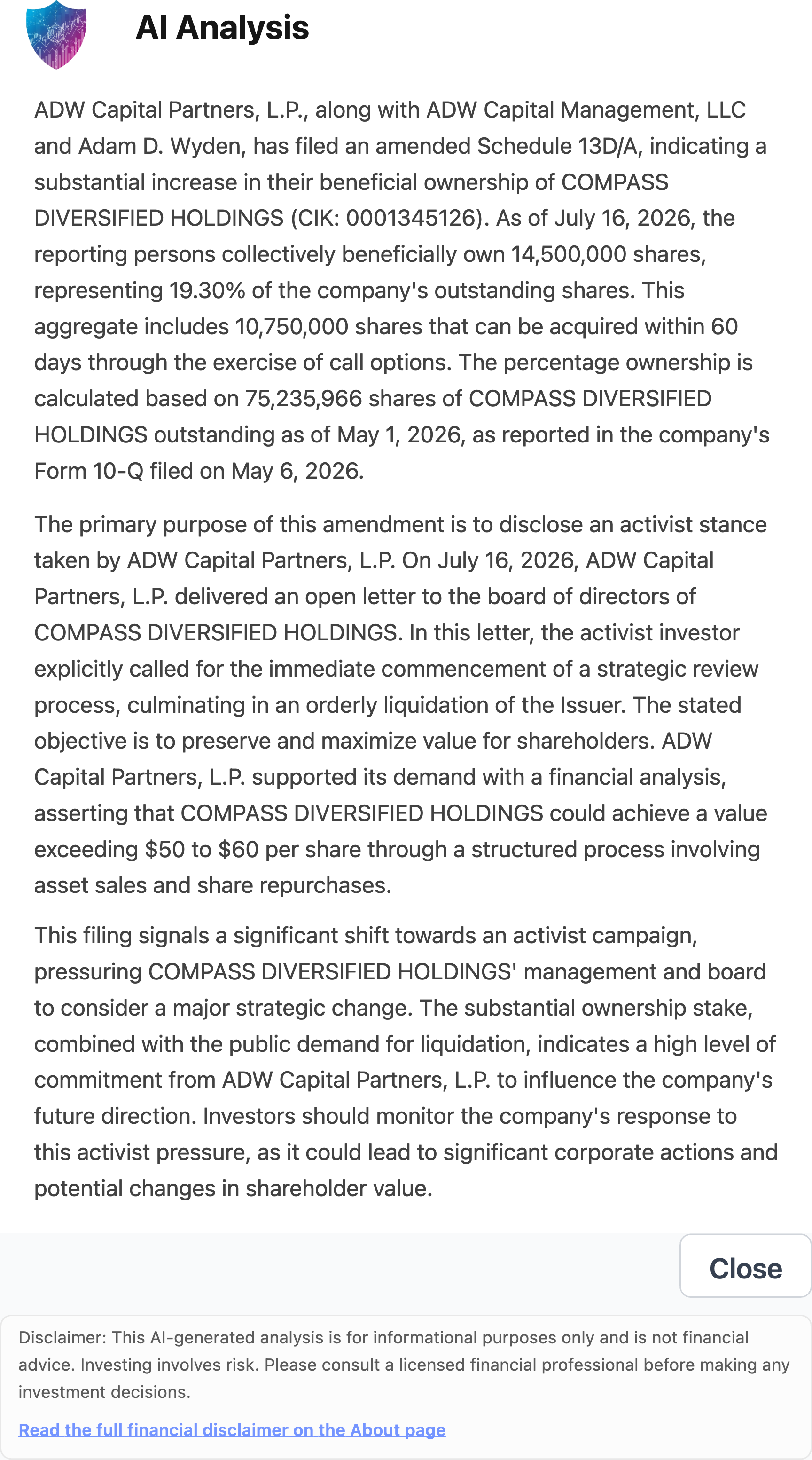 NexusAlert AI Analysis of the Compass Diversified SC 13D/A, naming ADW Capital Partners, ADW Capital Management and Adam D. Wyden, the 14,500,000 shares representing 19.30% of shares outstanding, the 10,750,000 call-option shares, and the demand for a strategic review and orderly liquidation.