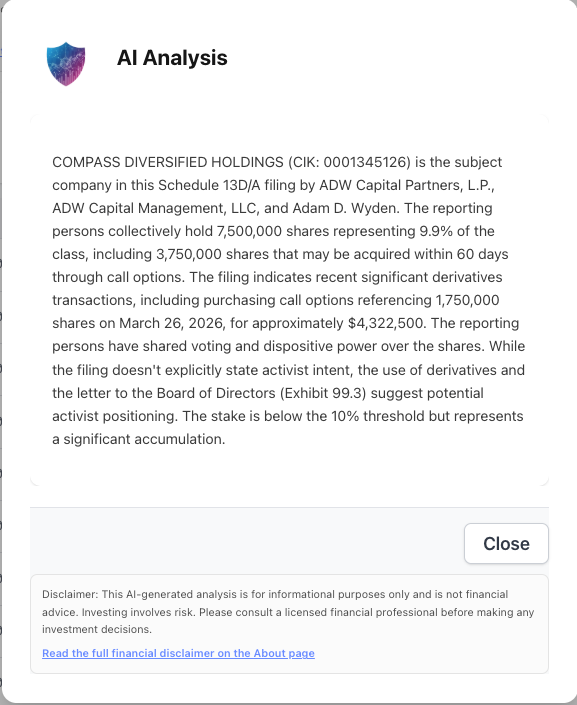 NexusAlert AI Analysis of the CODI 13D/A filing describing ADW Capital's activist investment approach and derivatives strategy