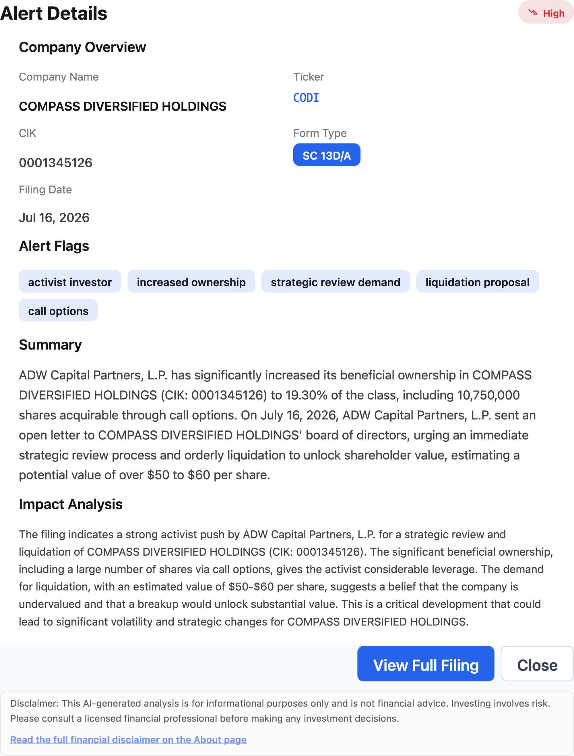 NexusAlert Alert Details for the Compass Diversified SC 13D/A: High severity, CIK 0001345126, form type SC 13D/A, filing date July 16 2026, flags for activist investor, increased ownership, strategic review demand, liquidation proposal and call options, plus the AI summary and impact analysis.