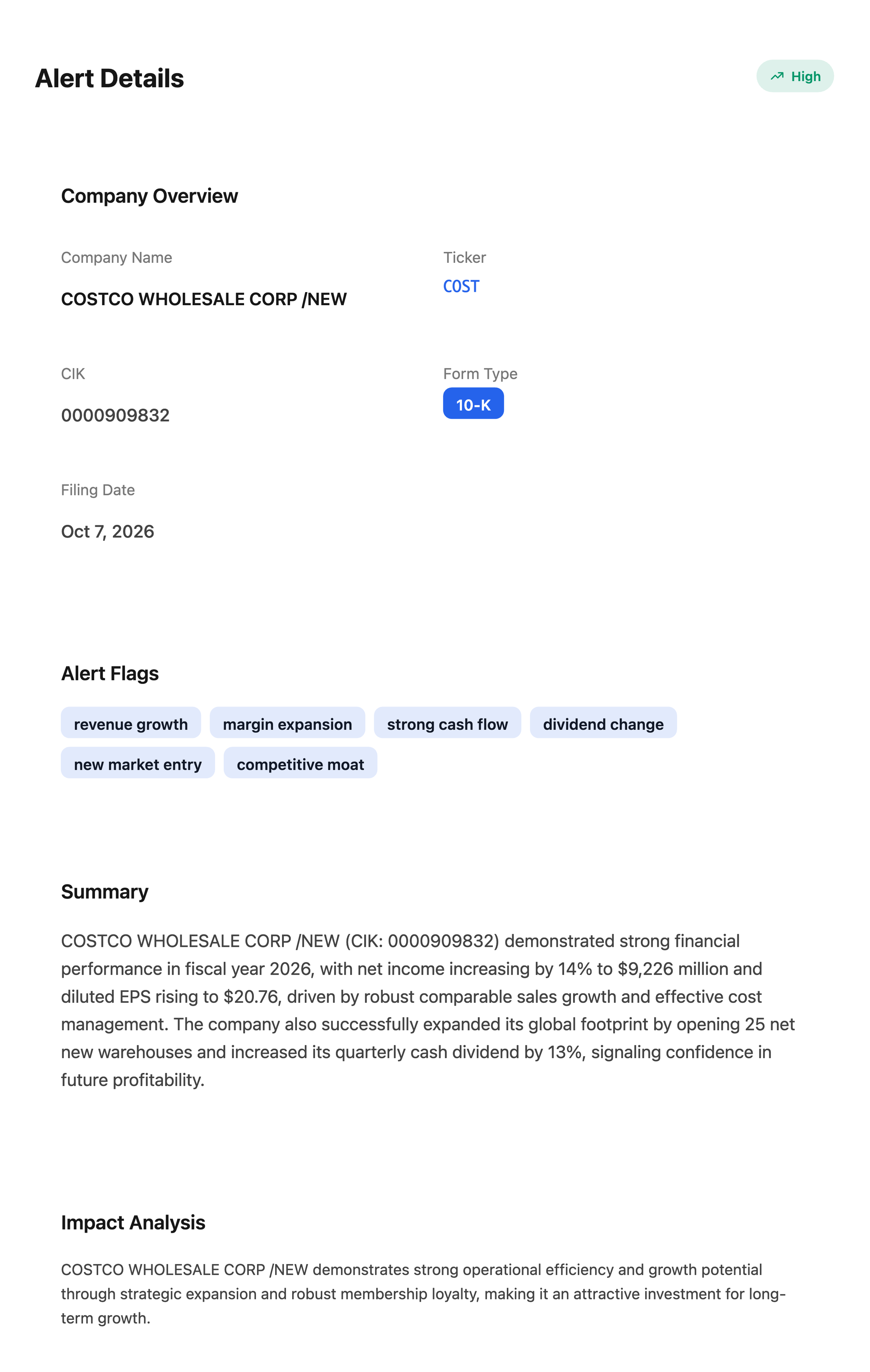 NexusAlert Alert Details modal for Costco Wholesale showing a High severity 10-K alert with flags for revenue growth, margin expansion, strong cash flow, dividend change, new market entry and competitive moat, plus the AI summary of fiscal 2026 net income of $9,226 million and the impact analysis.