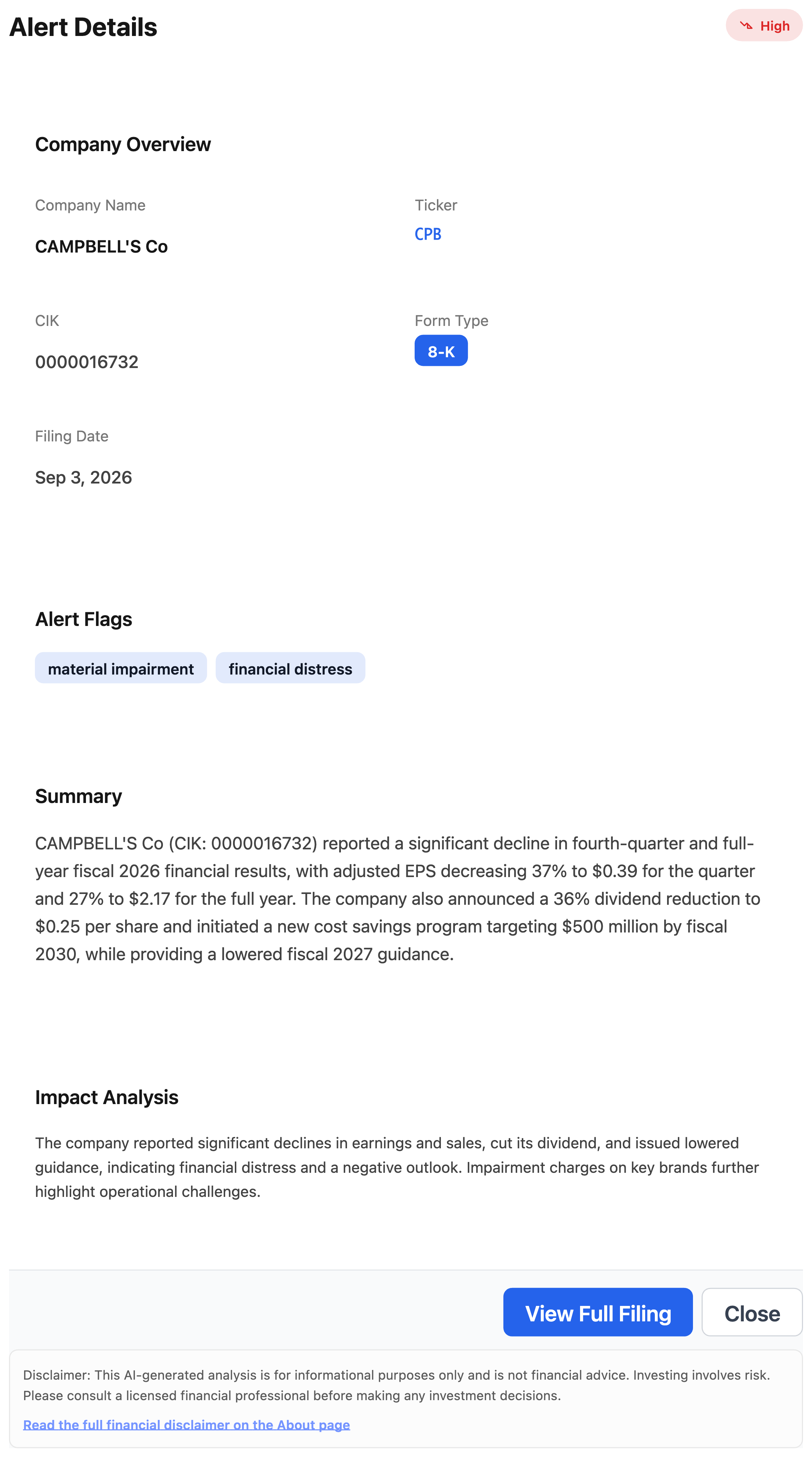 NexusAlert Alert Details modal for CAMPBELL'S Co showing the 8-K alert with material impairment and financial distress flags, the AI summary of the fourth quarter and full year fiscal 2026 results, and the impact analysis.