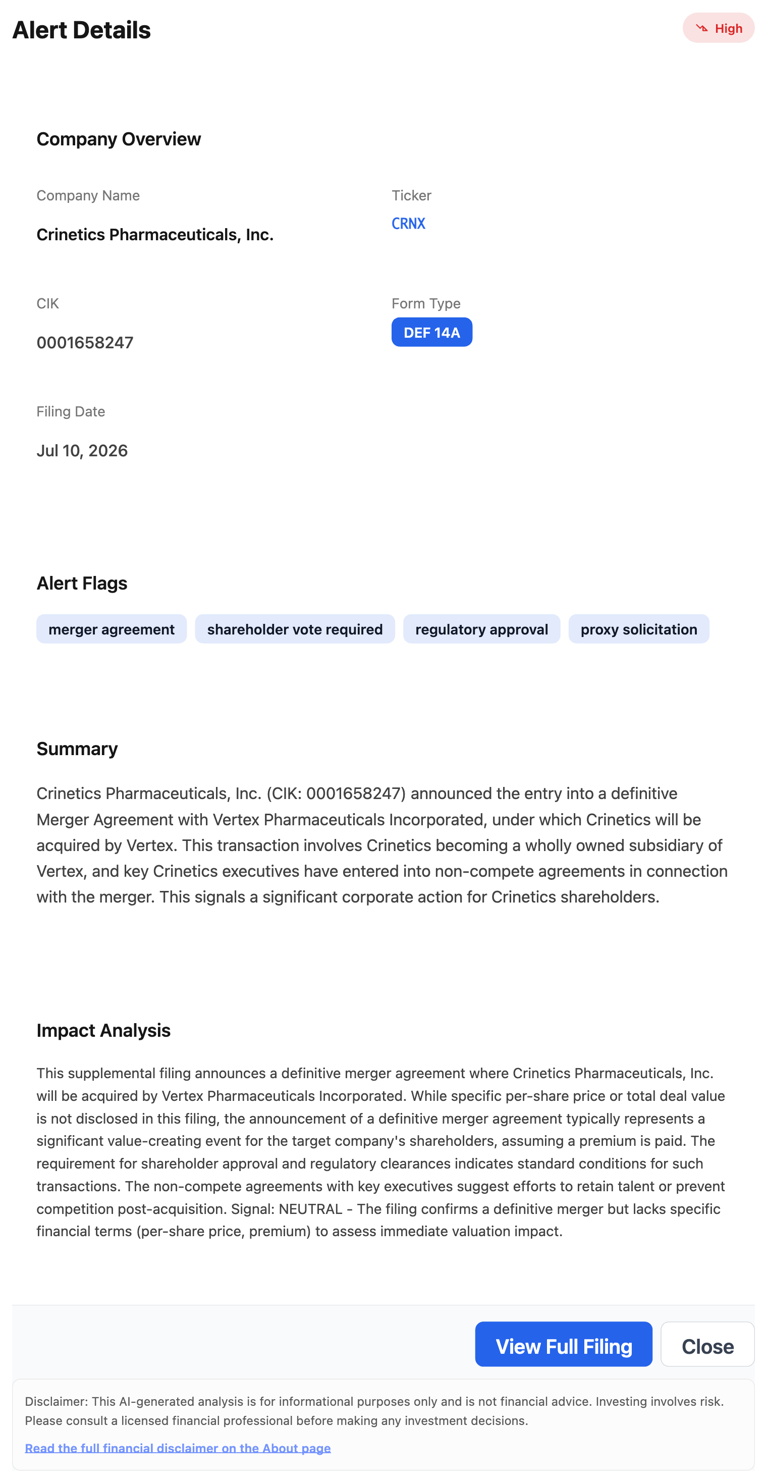 NexusAlert Alert Details for Crinetics Pharmaceuticals DEF 14A, ticker CRNX, CIK 0001658247, filed July 10, 2026, tagged High severity, with flags for merger agreement, shareholder vote required, regulatory approval, and proxy solicitation, plus an AI Summary and Impact Analysis of the Vertex merger.