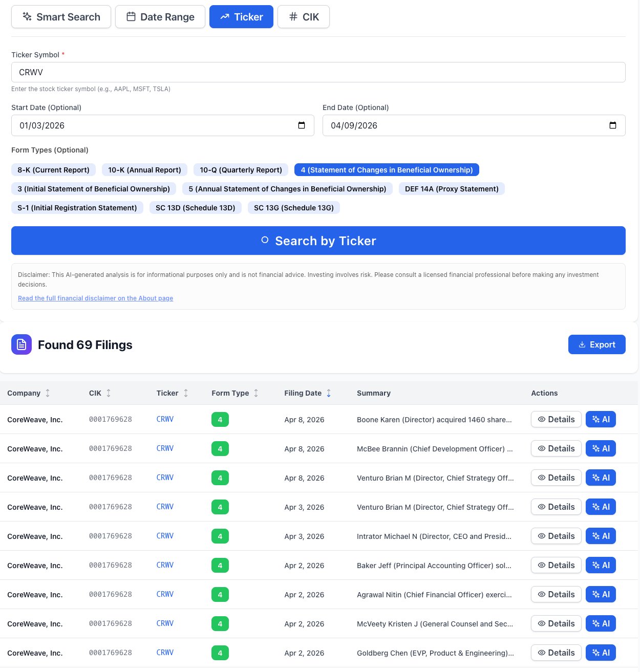 NexusAlert search results showing 69 CoreWeave CRWV Form 4 insider filings since January 2026, including CSO Brian Venturo and CEO Michael Intrator