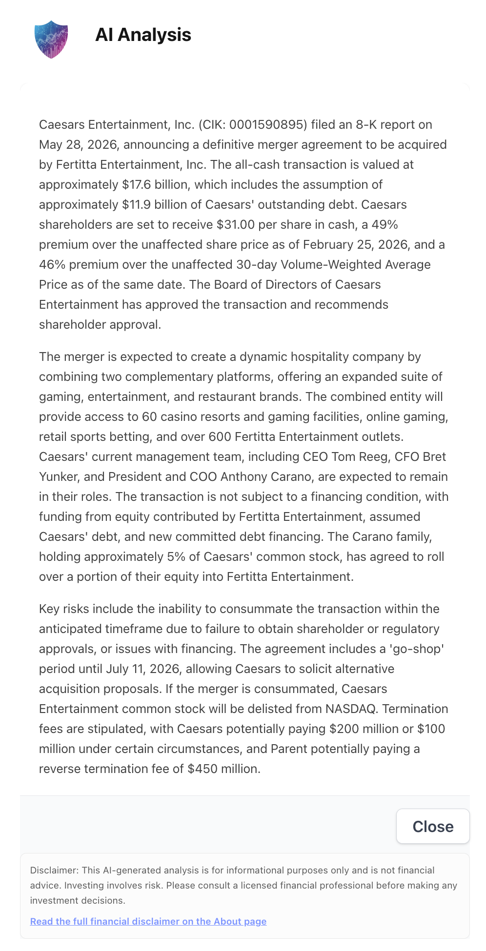 NexusAlert AI Analysis panel for Caesars Entertainment's 8-K, detailing the $17.6 billion all-cash acquisition by Fertitta Entertainment, the $31.00 per share price, 49% and 46% premiums, retention of CEO Tom Reeg and the management team, the Carano family equity rollover, the go-shop period to July 11, 2026, NASDAQ delisting on close, and termination fees.