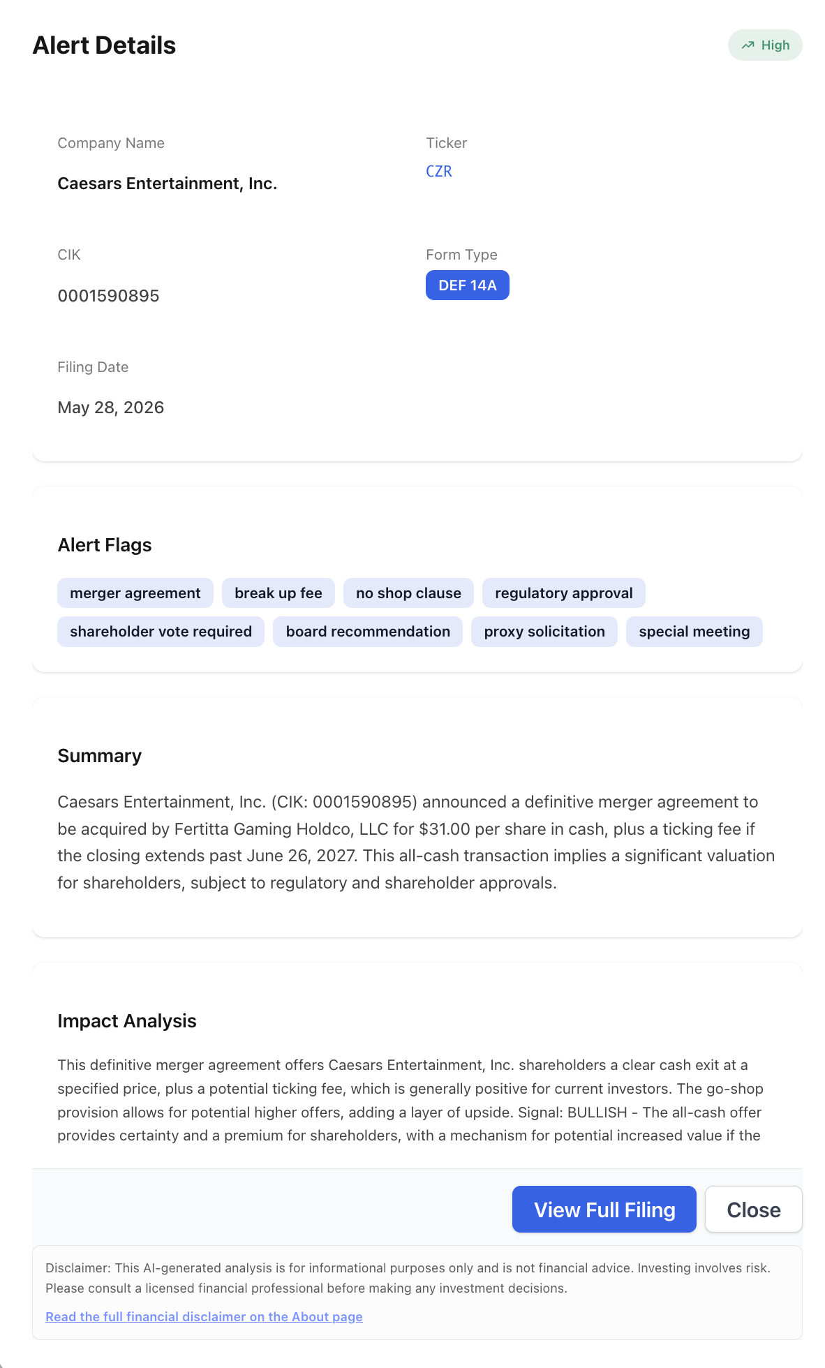 NexusAlert Alert Details panel for Caesars Entertainment's DEF 14A, listing flags for merger agreement, break-up fee, no-shop clause, regulatory approval, shareholder vote required, board recommendation, proxy solicitation, and special meeting, with a summary noting the $31.00 per share cash price from Fertitta Gaming Holdco, LLC plus a ticking fee if closing extends past June 26, 2027.