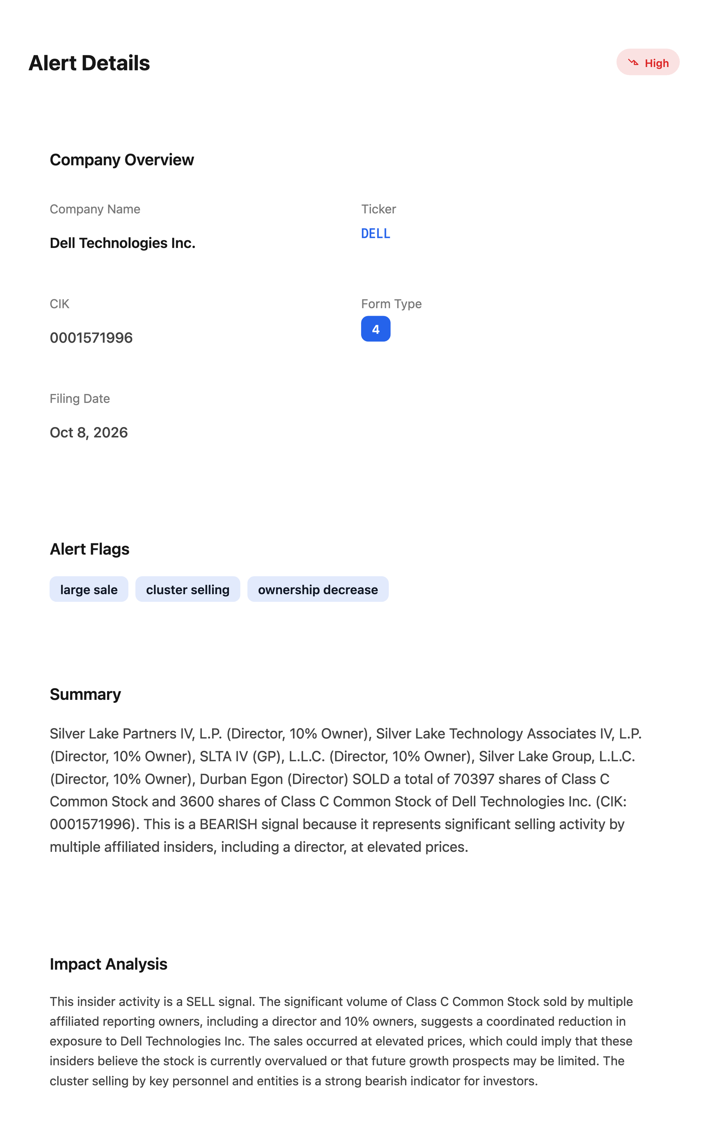NexusAlert Alert Details card for the Dell Technologies Form 4 filed October 8, 2026, showing the large sale and cluster selling flags, the summary and the impact analysis.