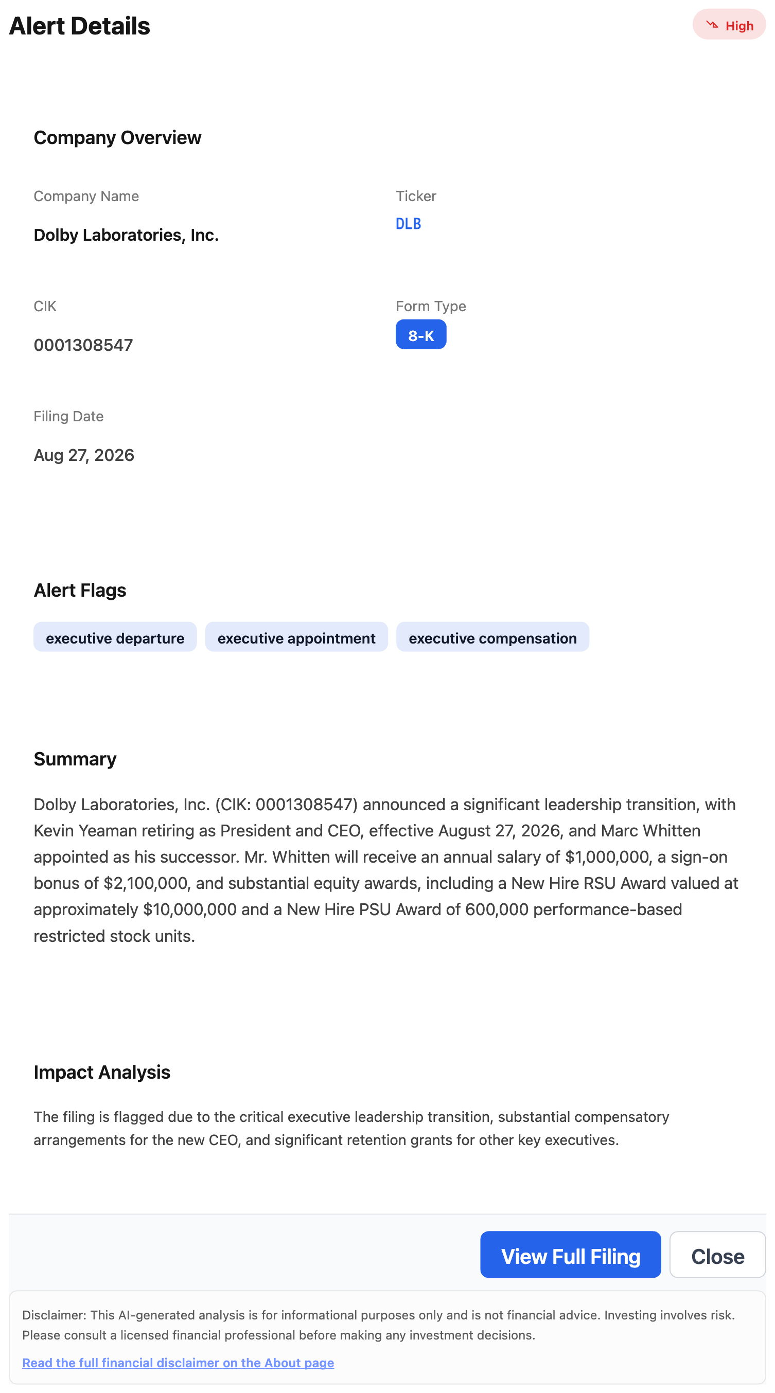 NexusAlert Alert Details for the Dolby Laboratories 8-K showing ticker DLB, CIK 0001308547, Form Type 8-K, filed August 27 2026, High severity, flags for executive departure, executive appointment, and executive compensation, with the AI Summary of the Whitten and Yeaman transition and an Impact Analysis of the compensation package.