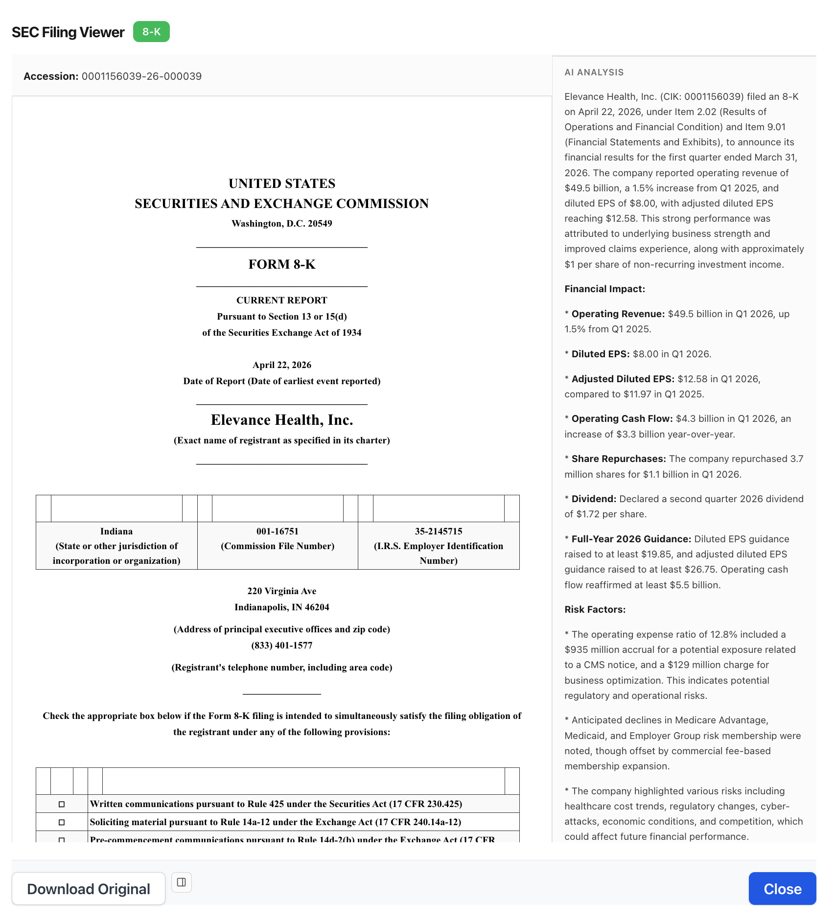 NexusAlert SEC Filing Viewer showing Elevance Health's Q1 2026 10-Q with AI Analysis pane calling out a 19.2% decrease in shareholders' net income to $1,764 million, Medicaid-to-ACA membership shifts, and potential intermediate sanctions from CMS related to Medicare Advantage risk adjustment data submission