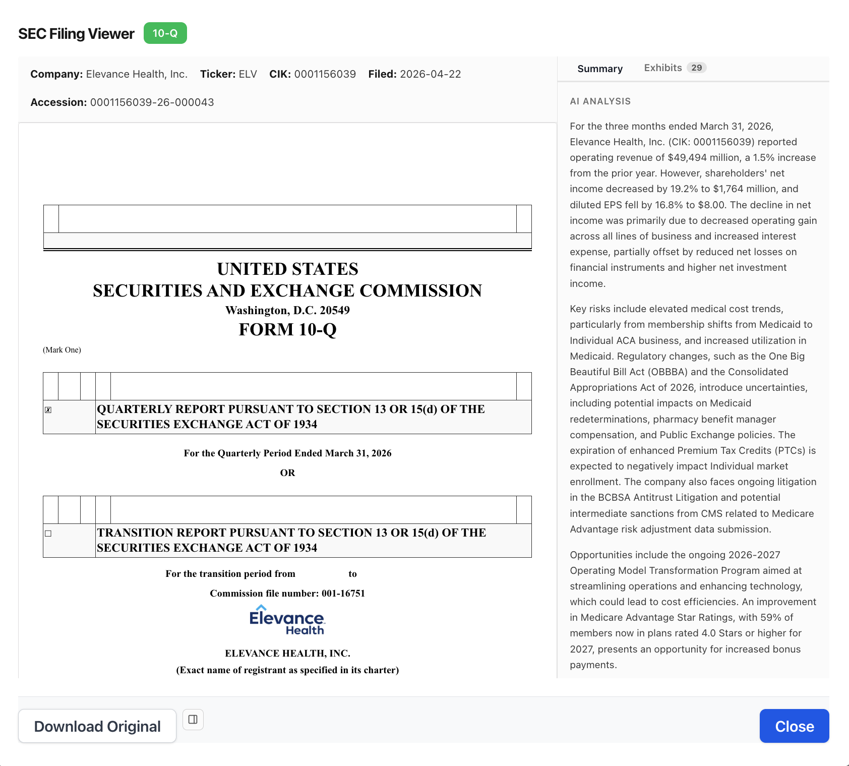 NexusAlert SEC Filing Viewer showing Elevance Health's April 22, 2026 8-K with AI Analysis pane surfacing the $935 million accrual for CMS Medicare Advantage risk-adjustment exposure and a $129 million business-optimization charge under Risk Factors