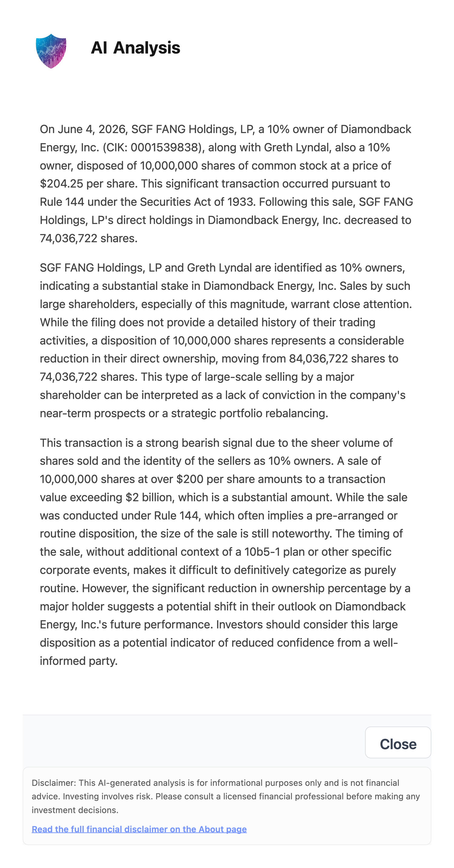 NexusAlert AI Analysis explaining the Diamondback Energy insider sale, including the drop from 84,036,722 to 74,036,722 shares and the Rule 144 structure.