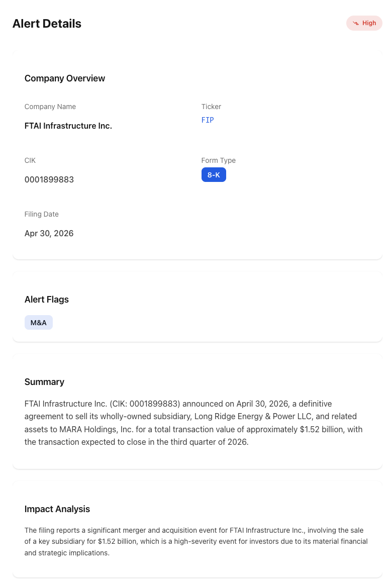 NexusAlert Alert Details panel for FTAI Infrastructure Inc. (FIP) 8-K filed April 30, 2026, showing High severity, M&A flag, and the summary disclosing a definitive agreement to sell wholly-owned subsidiary Long Ridge Energy and Power LLC to MARA Holdings for approximately $1.52 billion with closing expected in the third quarter of 2026