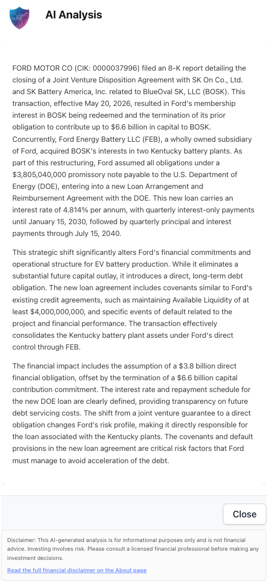 NexusAlert AI Analysis for the Ford 8-K describing the closing of the Joint Venture Disposition Agreement with SK On Co., Ltd. and SK Battery America, Inc. related to BlueOval SK, LLC (BOSK). The transaction, effective May 20, 2026, resulted in Ford's membership interest in BOSK being redeemed and the termination of its prior obligation to contribute up to $6.6 billion in capital to BOSK. Ford Energy Battery LLC (FEB), a wholly owned subsidiary of Ford, acquired BOSK's interests in two Kentucky battery plants. Ford assumed all obligations under a $3,805,040,000 promissory note payable to the U.S. Department of Energy, entering into a new Loan Arrangement and Reimbursement Agreement with the DOE. The new loan carries an interest rate of 4.814% per annum, with quarterly interest-only payments until January 15, 2030, followed by quarterly principal and interest payments through July 15, 2040. The analysis frames the strategic shift as eliminating a substantial future capital outlay while introducing a direct, long-term debt obligation, with covenants similar to Ford's existing credit agreements including maintaining Available Liquidity of at least $4,000,000,000 and specific events of default related to the project and financial performance. The transaction effectively consolidates the Kentucky battery plant assets under Ford's direct control through FEB.