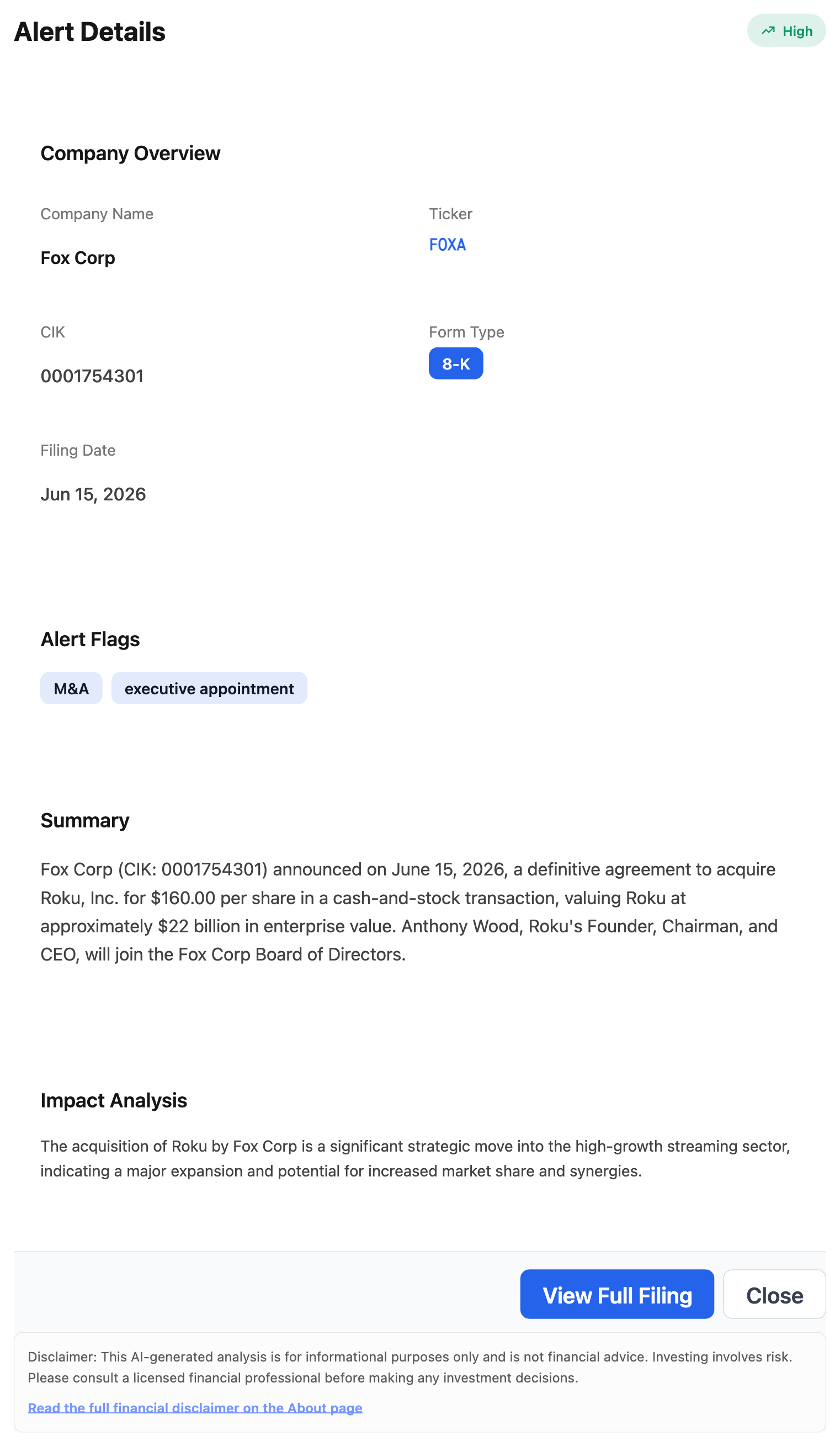 NexusAlert Alert Details for Fox Corporation's June 15, 2026 8-K, showing the M&A and executive appointment flags and the summary naming Anthony Wood joining the Fox board.