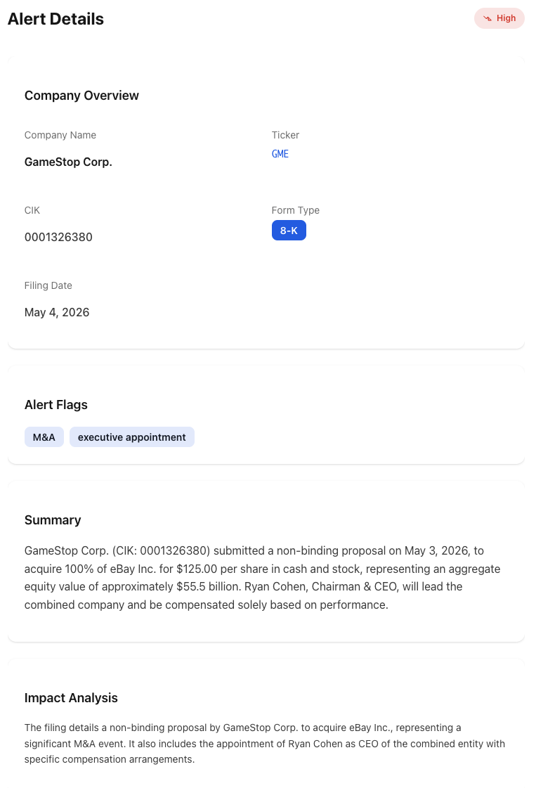 NexusAlert Alert Details page for GameStop Corp. (GME), showing a High-severity 8-K alert dated May 4, 2026, with flag stack of M&A and executive appointment, summary confirming the non-binding proposal to acquire 100% of eBay Inc. at $125.00 per share for an aggregate equity value of approximately $55.5 billion, and Impact Analysis noting the appointment of Ryan Cohen as CEO of the combined entity with performance-based compensation