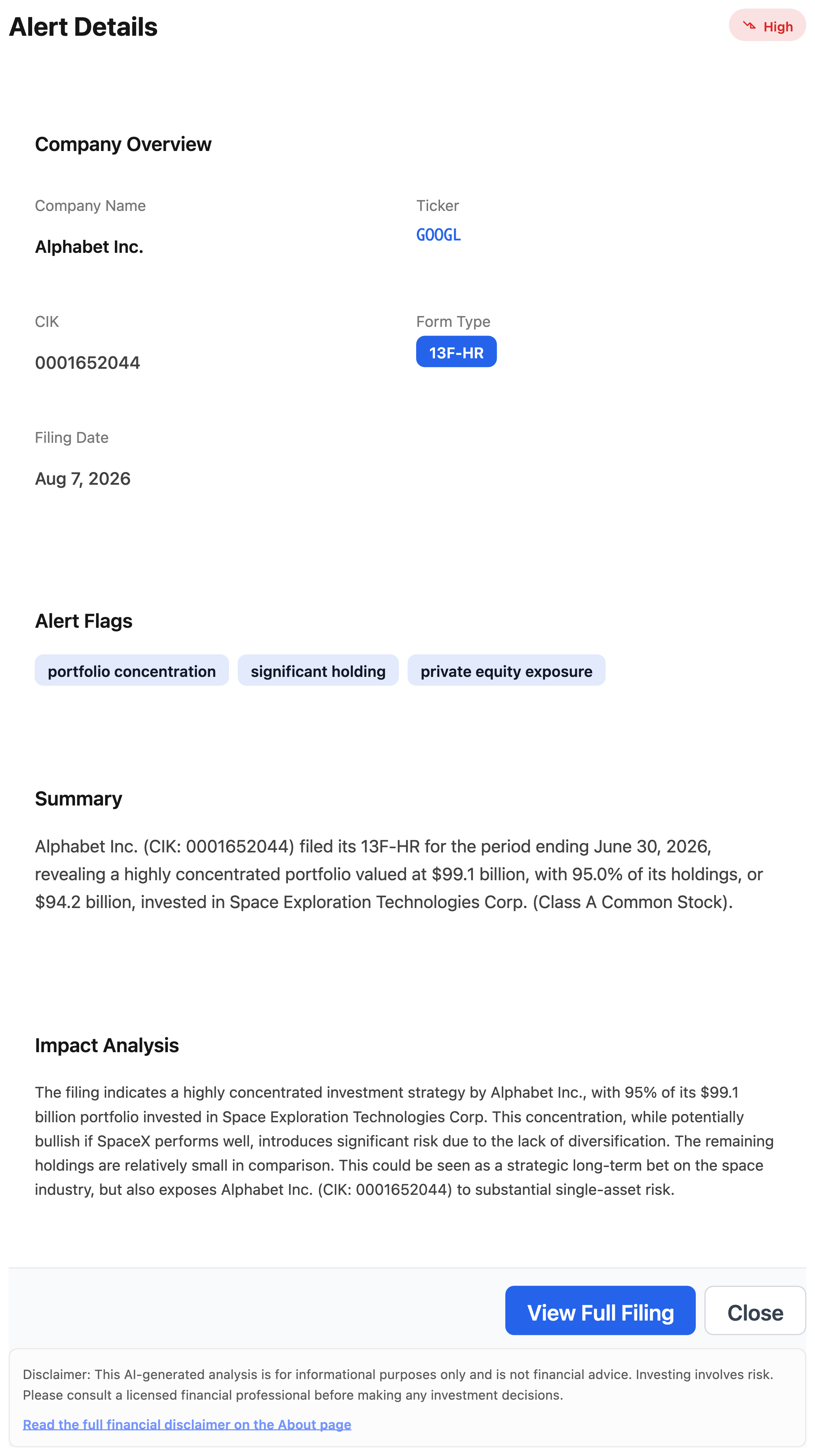 NexusAlert Alert Details for Alphabet's 13F-HR showing the 95% SpaceX concentration in a $99.1 billion portfolio, with AI summary and impact analysis.