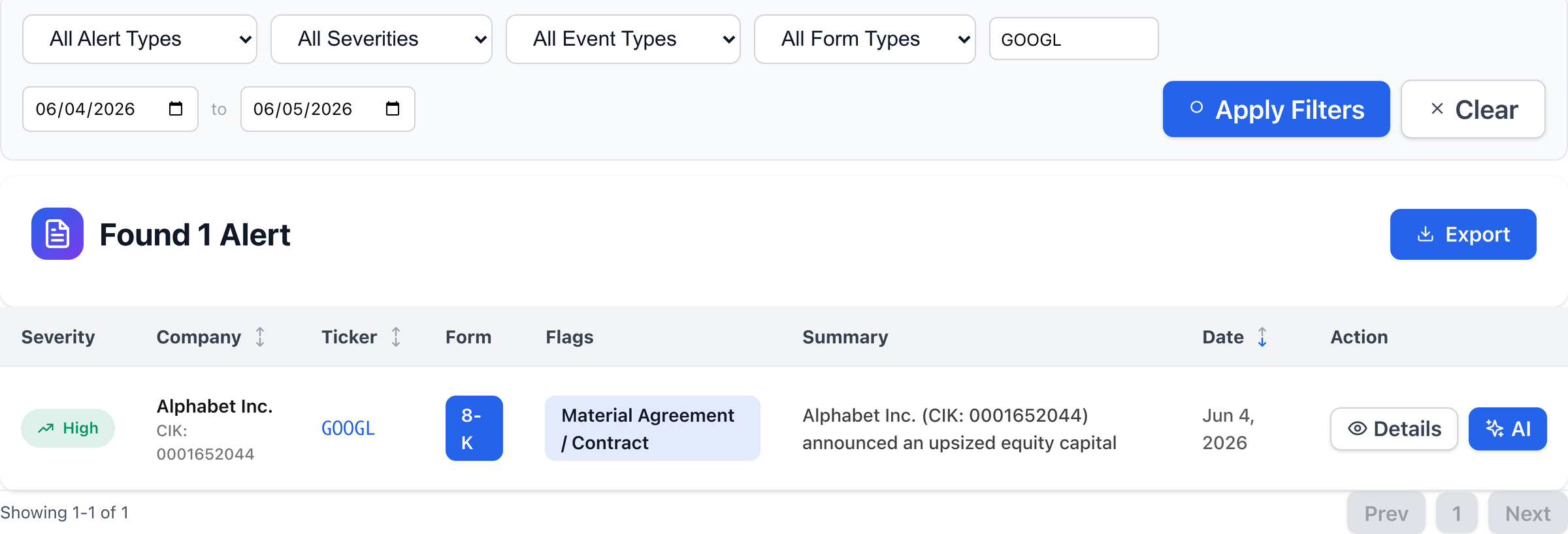 NexusAlert Market Alerts page filtered to ticker GOOGL for June 4–5, 2026, showing one high-severity alert row for Alphabet Inc. (CIK 0001652044): an 8-K flagged Material Agreement / Contract, filed Jun 4, 2026, with AI summary noting the announced upsized equity capital raise.