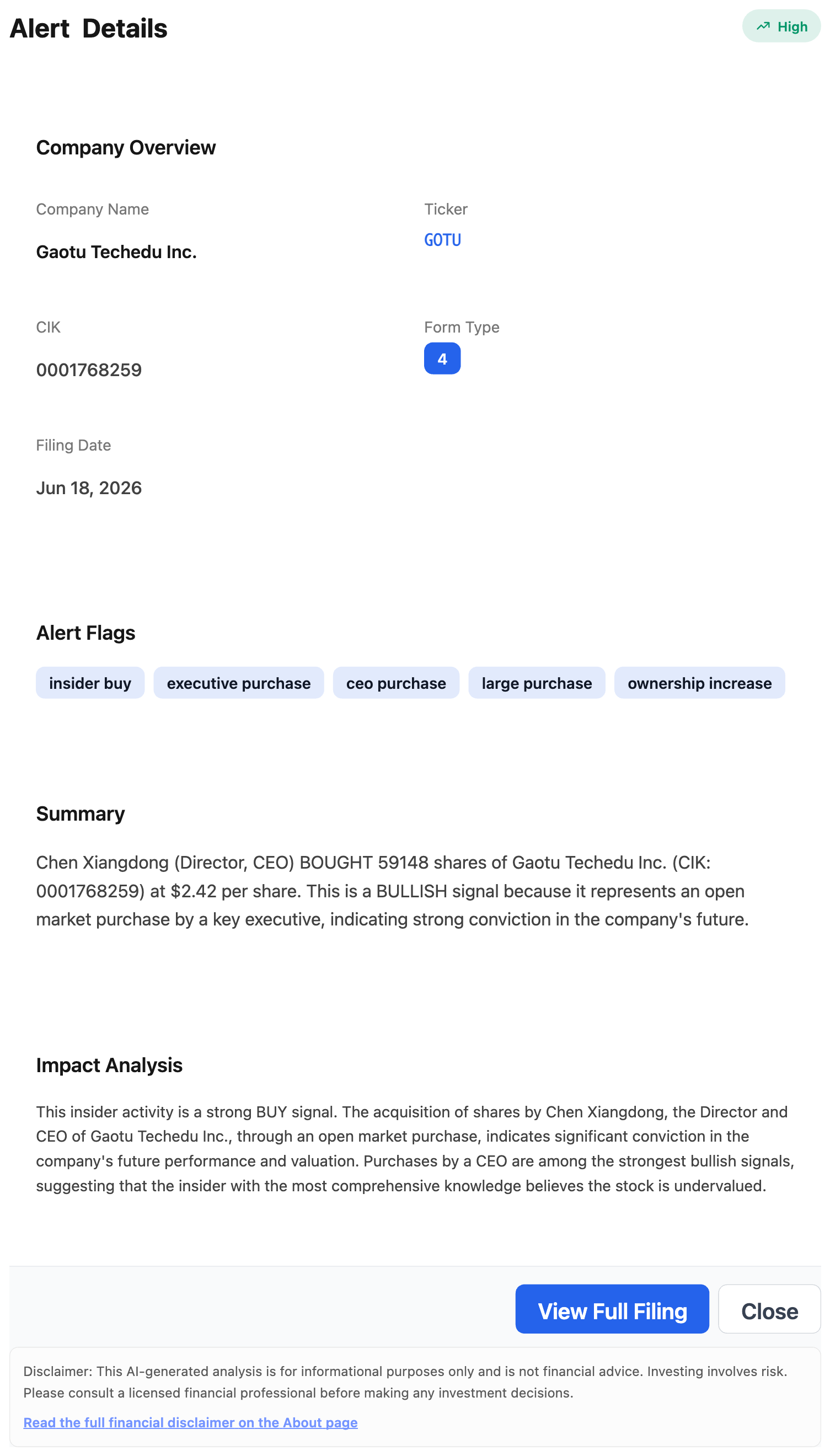 NexusAlert Alert Details modal for the Gaotu Techedu Form 4: ticker GOTU, CIK 0001768259, Form Type 4, filing date June 18 2026, alert flags insider buy, executive purchase, ceo purchase, large purchase and ownership increase, with the AI summary and impact analysis describing Chen Xiangdong buying 59,148 shares at $2.42 as a bullish open market purchase.